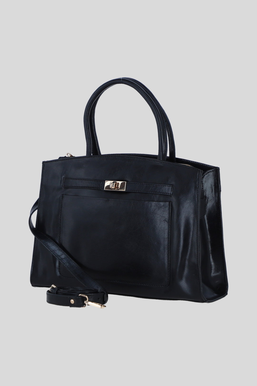 Black Real Leather Structured Handbag with Detachable Strap, Image 2 of 4