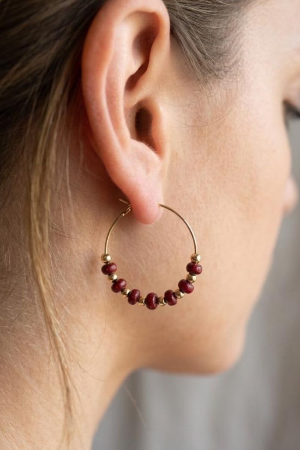 Gold Sandalwood Bead Hoop Earrings - Gold Plated, Image 1 of 3