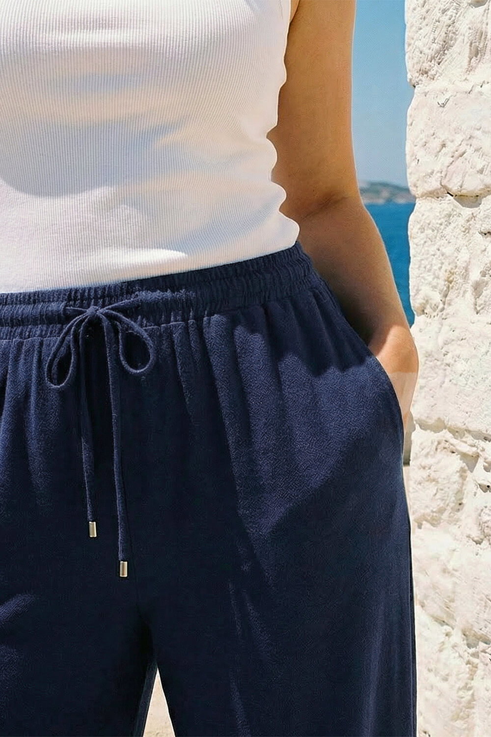 Navy Curve Linen Blend Trousers, Image 5 of 4