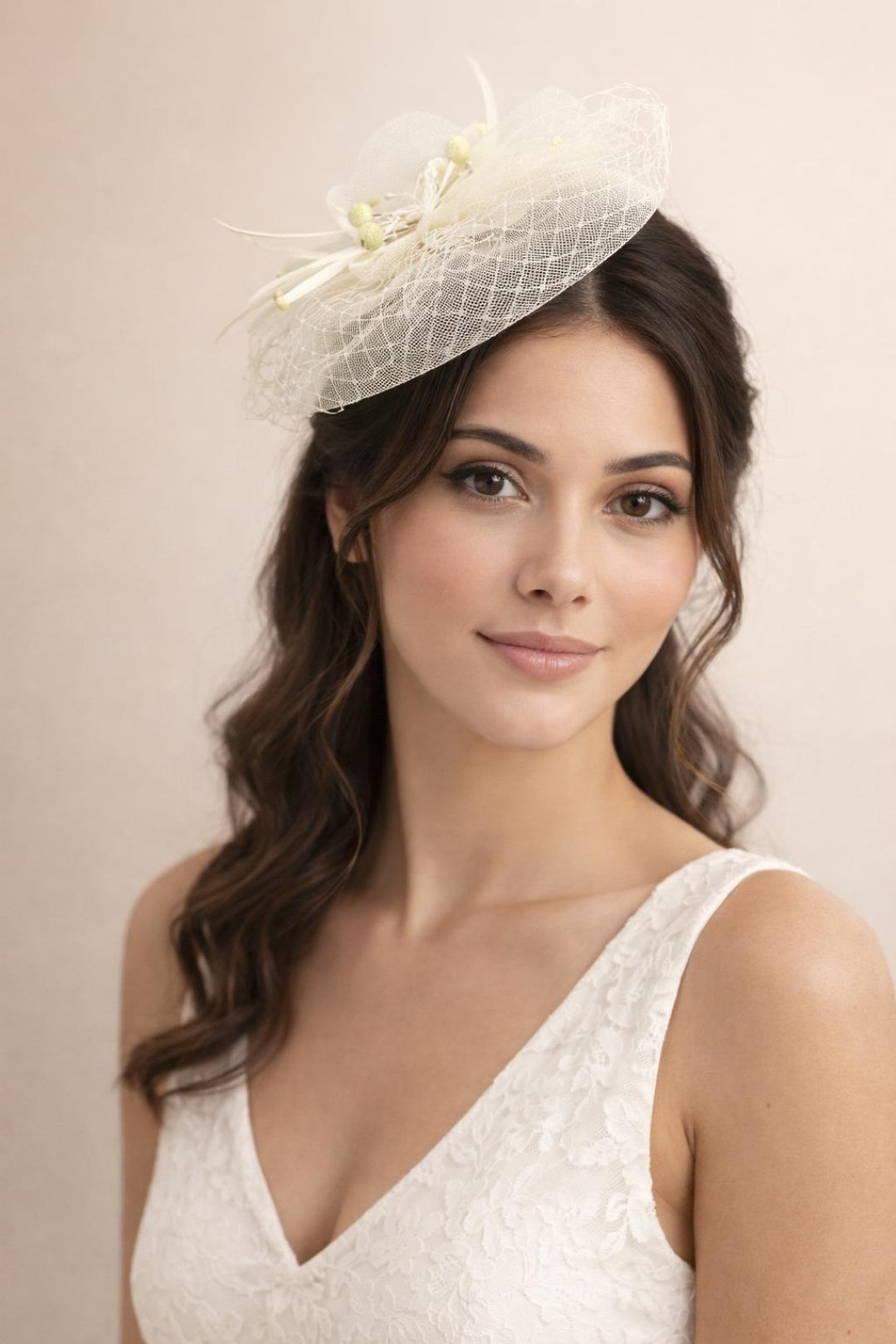 Cream Feather Bloom Mesh Fascinator, Image 1 of 2