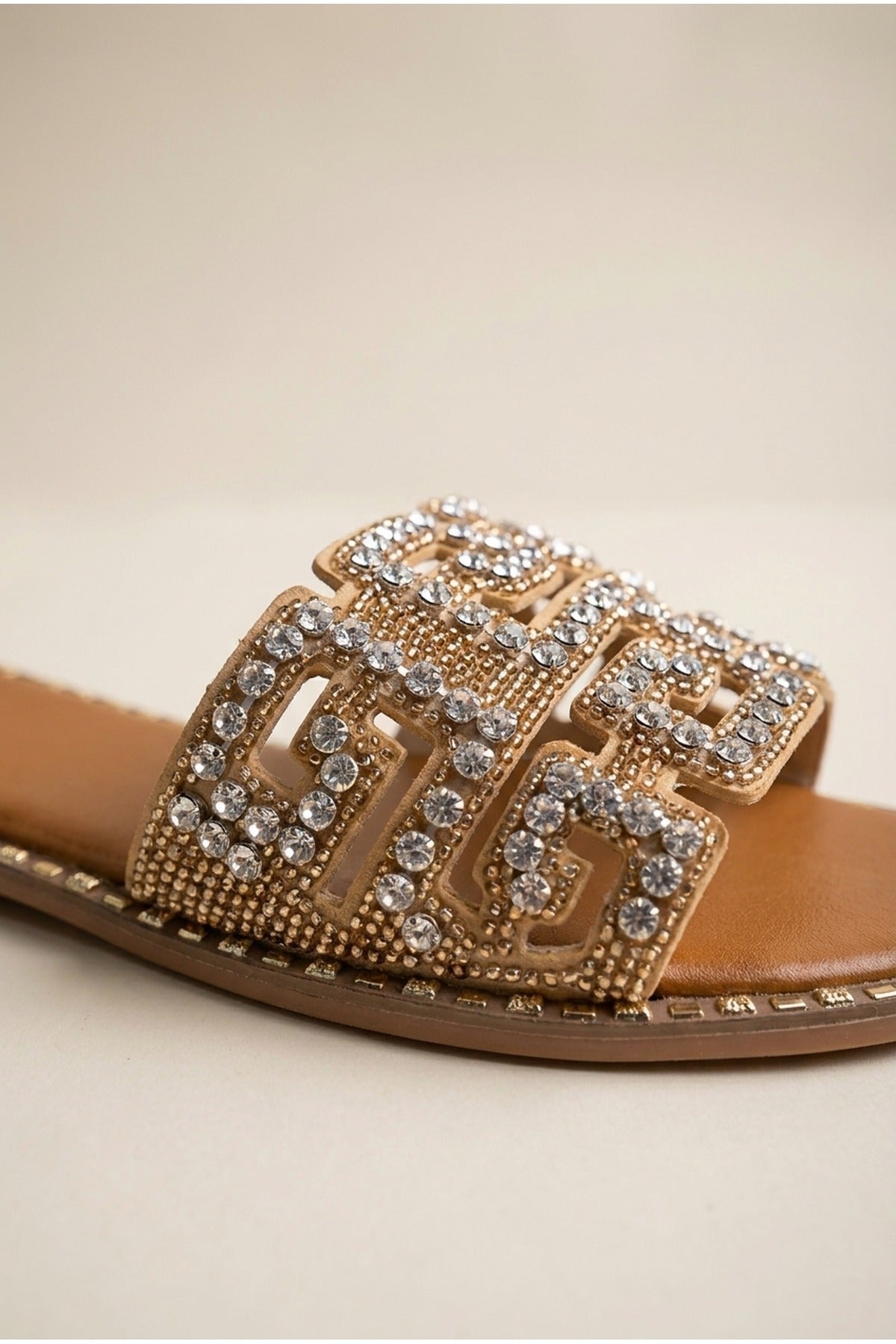 Gold iKrush Gold Pearl Geometric Rhinestone Embellished Sliders, Image 2 of 5