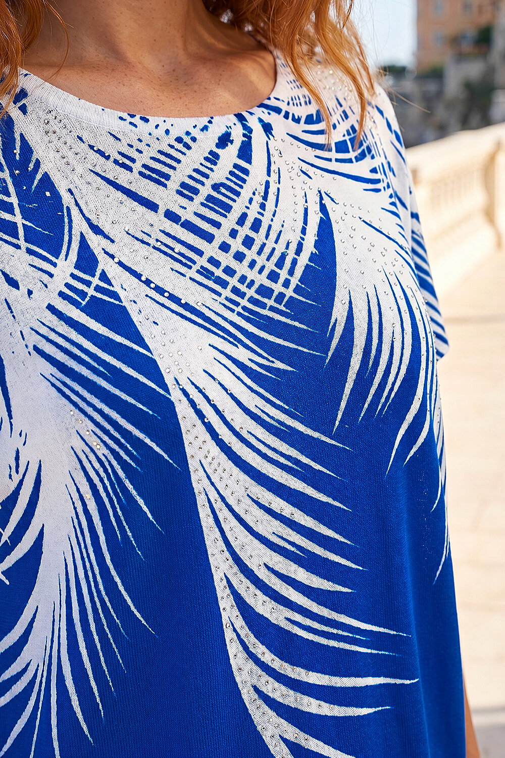 Royal Blue Palm Leaf Hotfix Knitted Top, Image 5 of 4