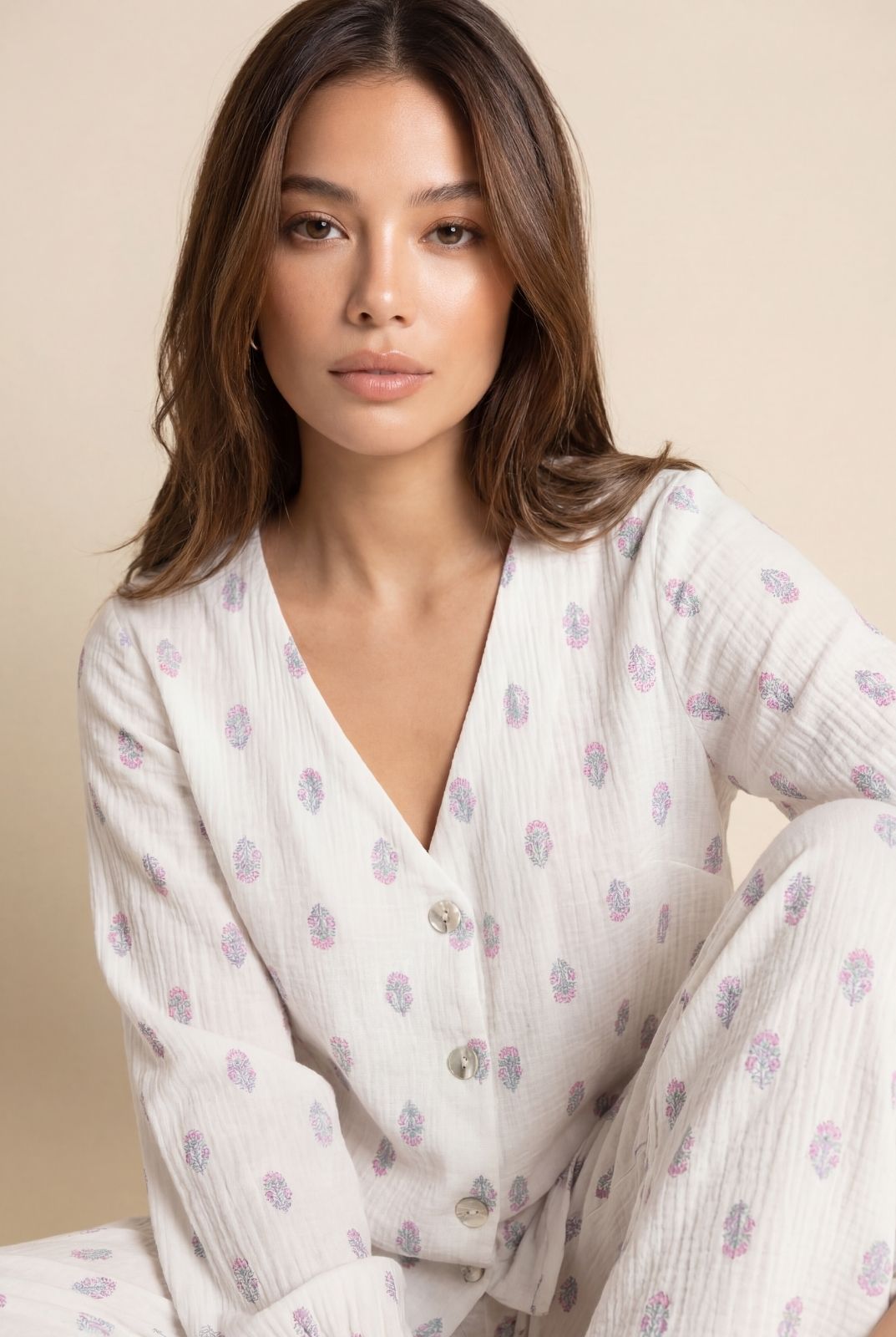 Purple Floral Muslin Pyjama Trouser Set, Image 4 of 4