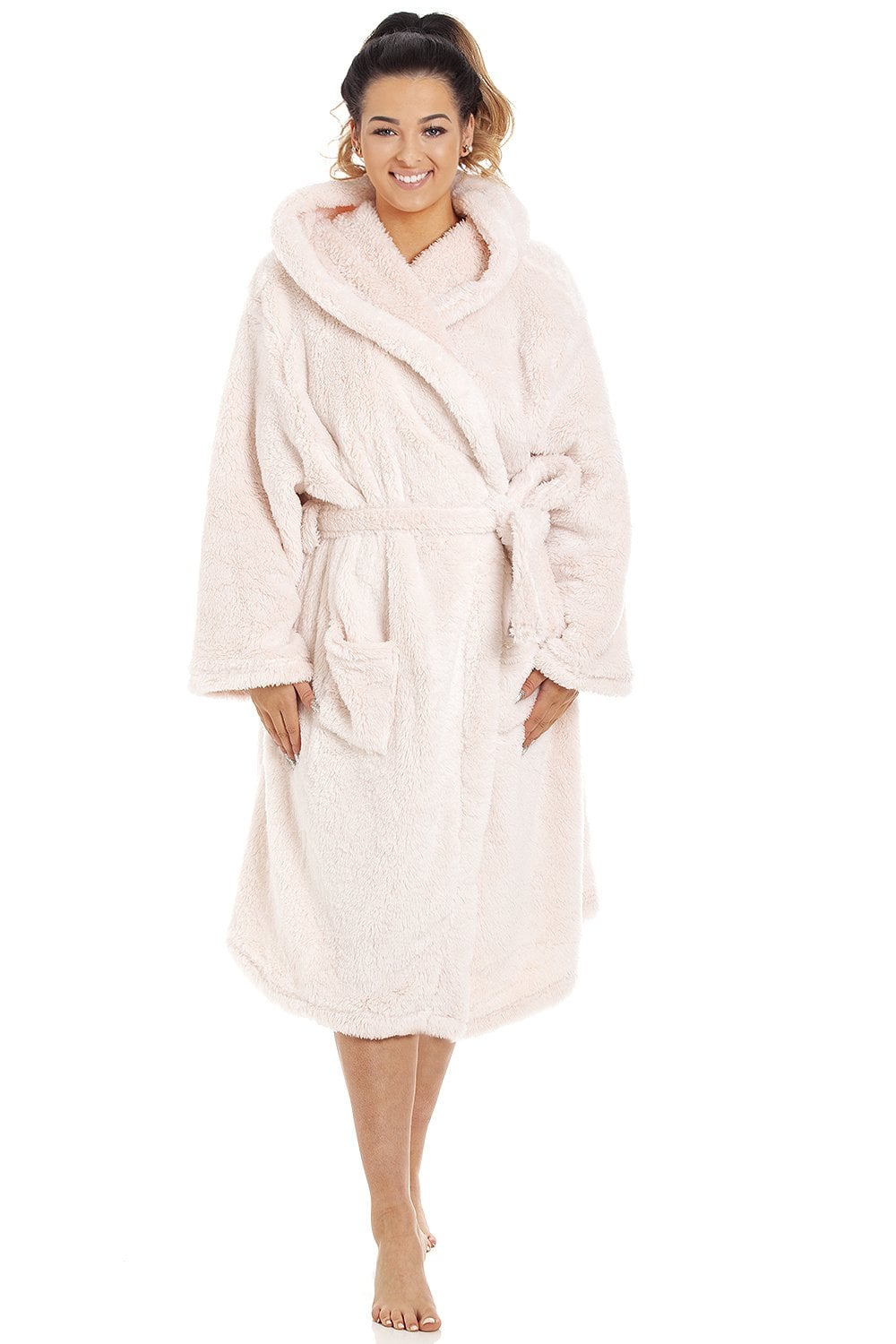 Light Pink Camille Lingerie Light Pink Supersoft Fleece Hooded Bathrobe, Image 1 of 4