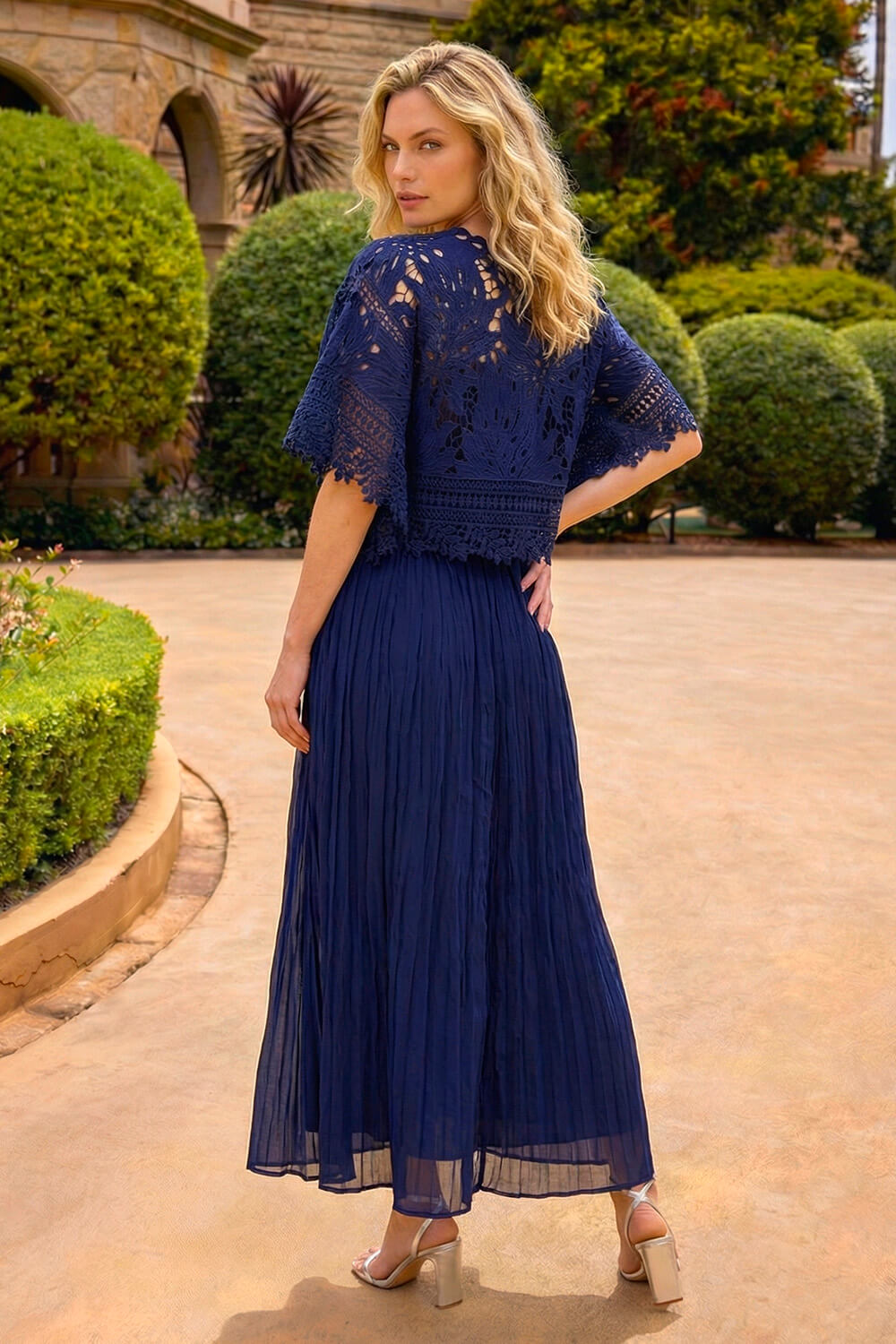 Navy Crochet Overlay Maxi Dress , Image 4 of 5
