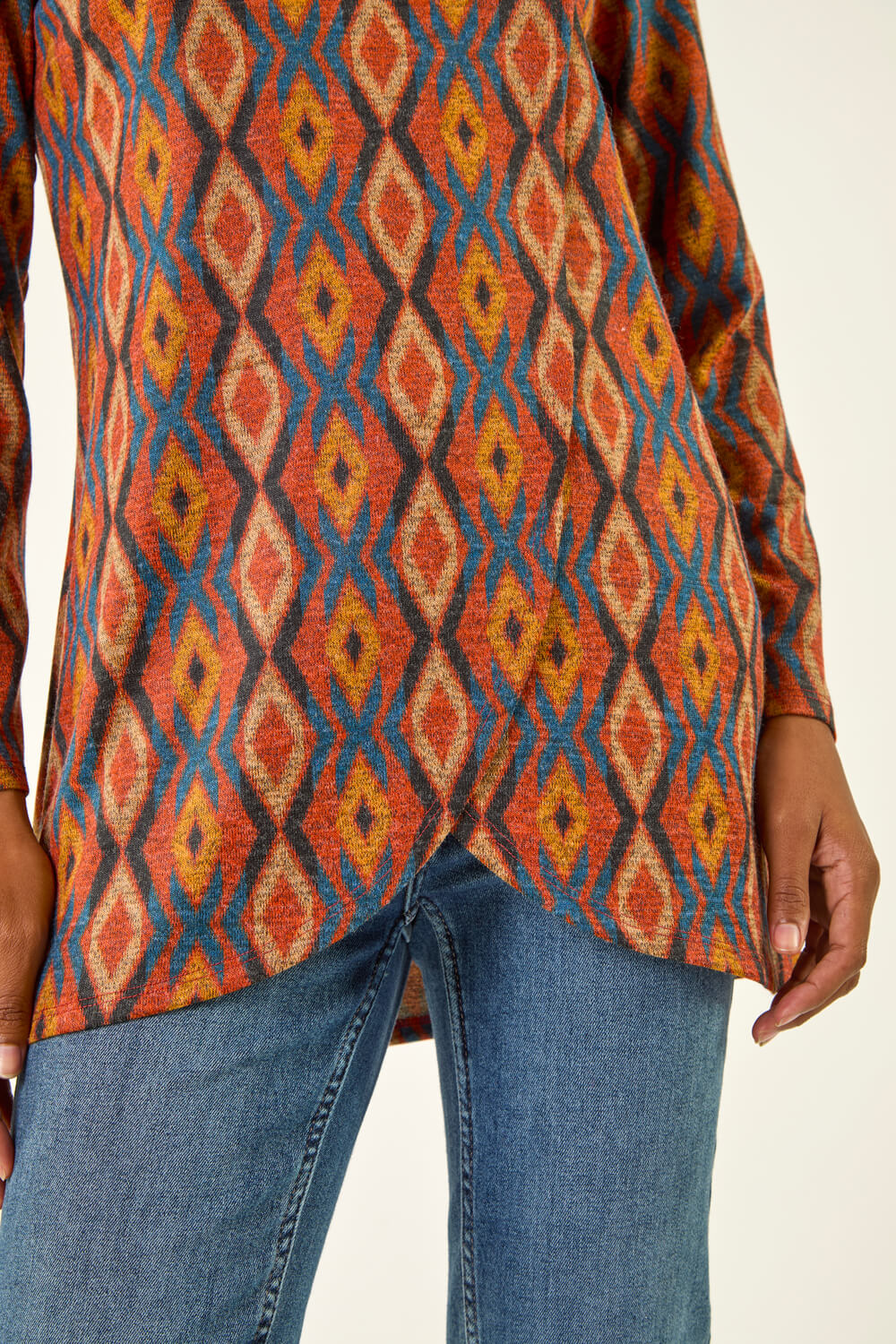 Dark Orange Abstract Print Cowl Neck Top, Image 6 of 5