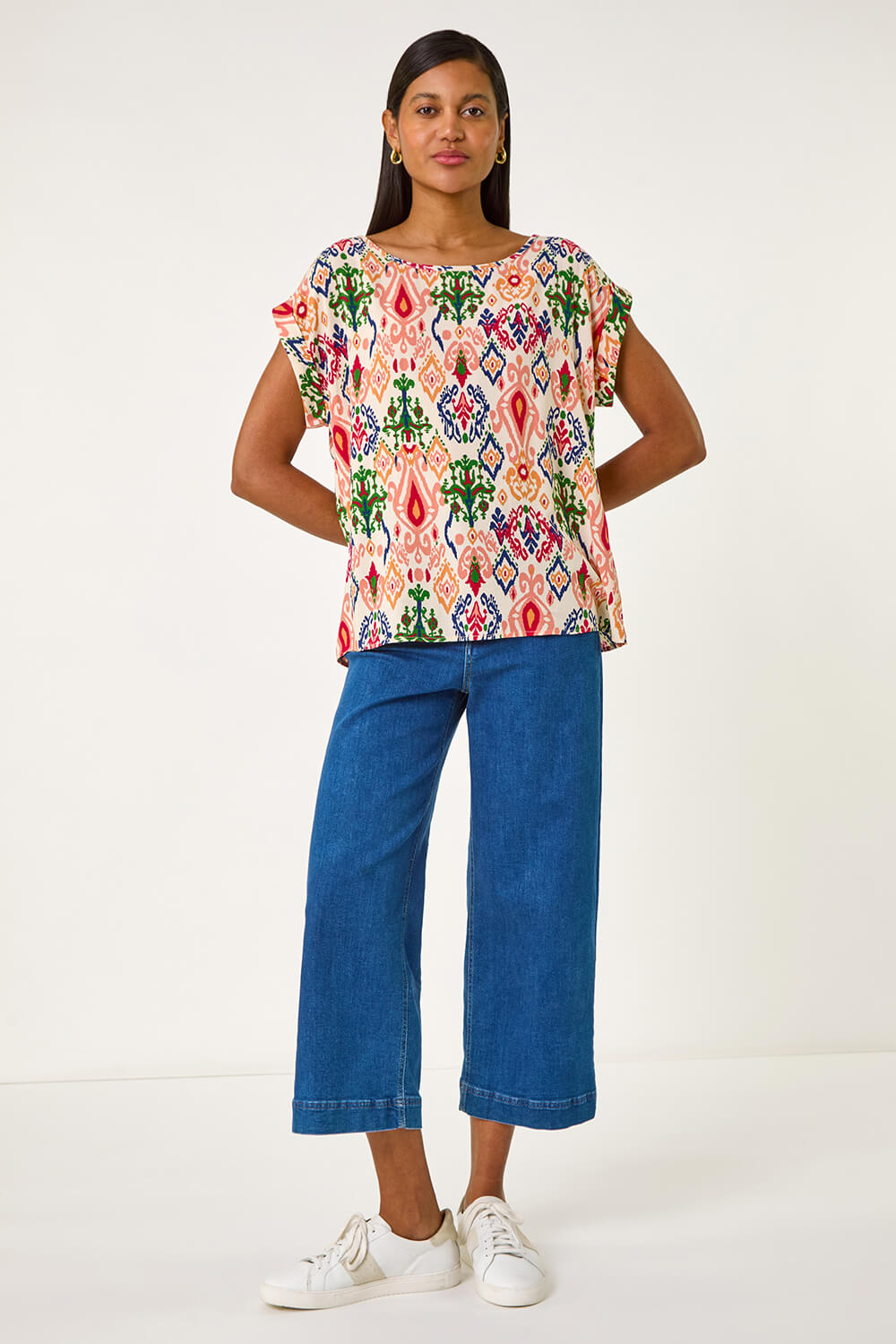 Peach Abstract Print Cuff Sleeve Top, Image 3 of 5