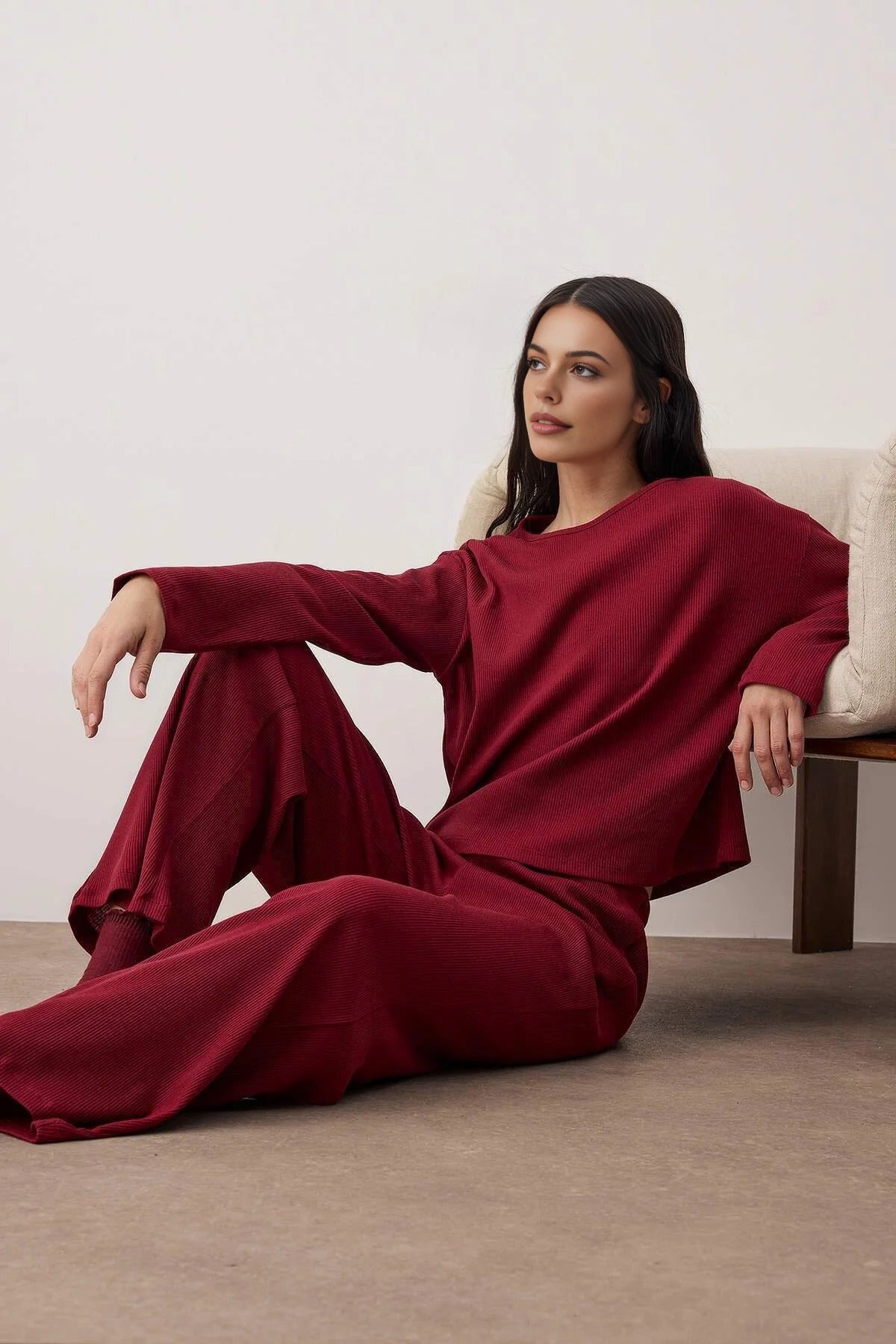 Black Soft Touch Long Sleeve Pyjama Top And Wide Leg Trouser Set