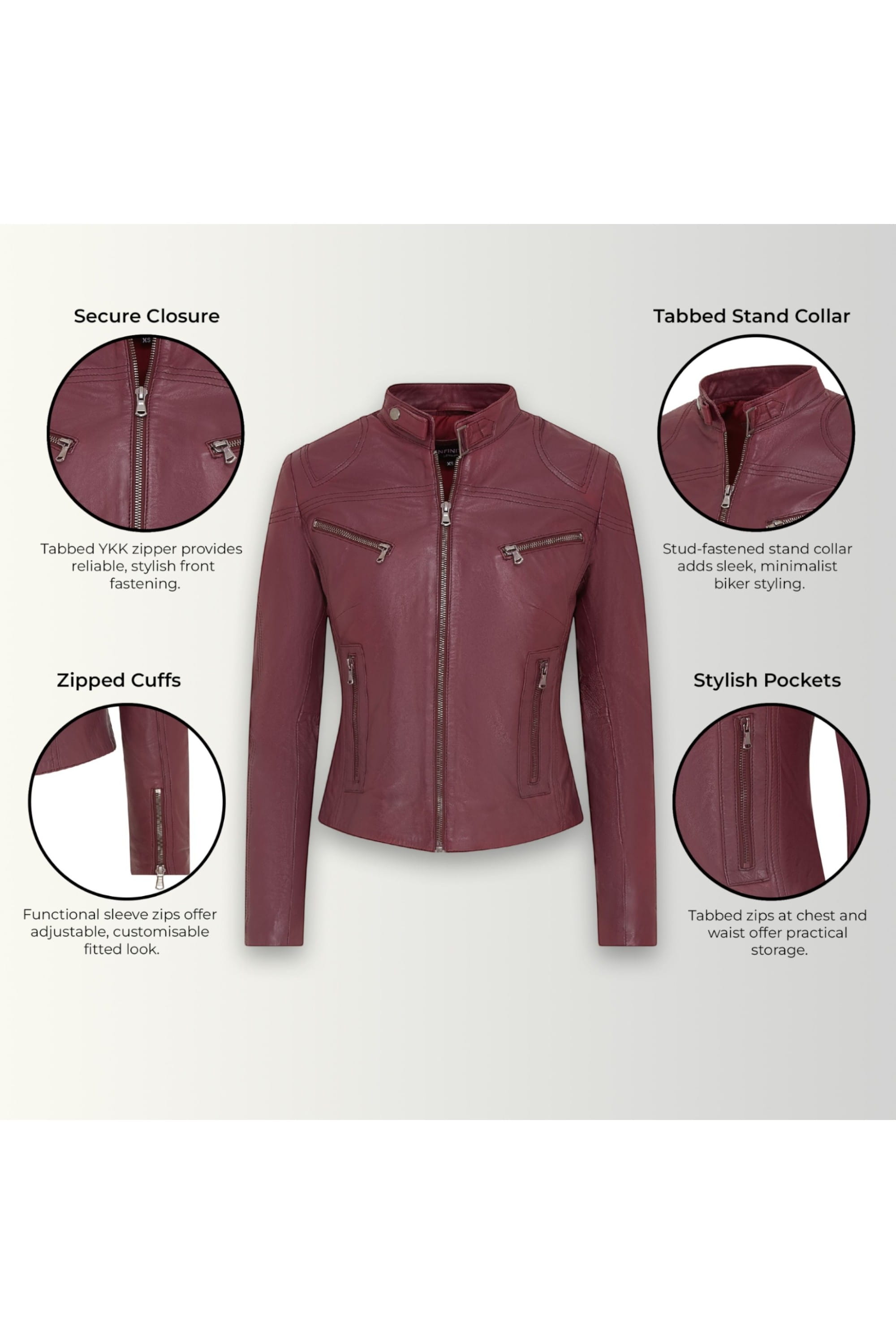Burgundy Slim-Fit Leather Biker Jacket-Tulsa, Image 3 of 7