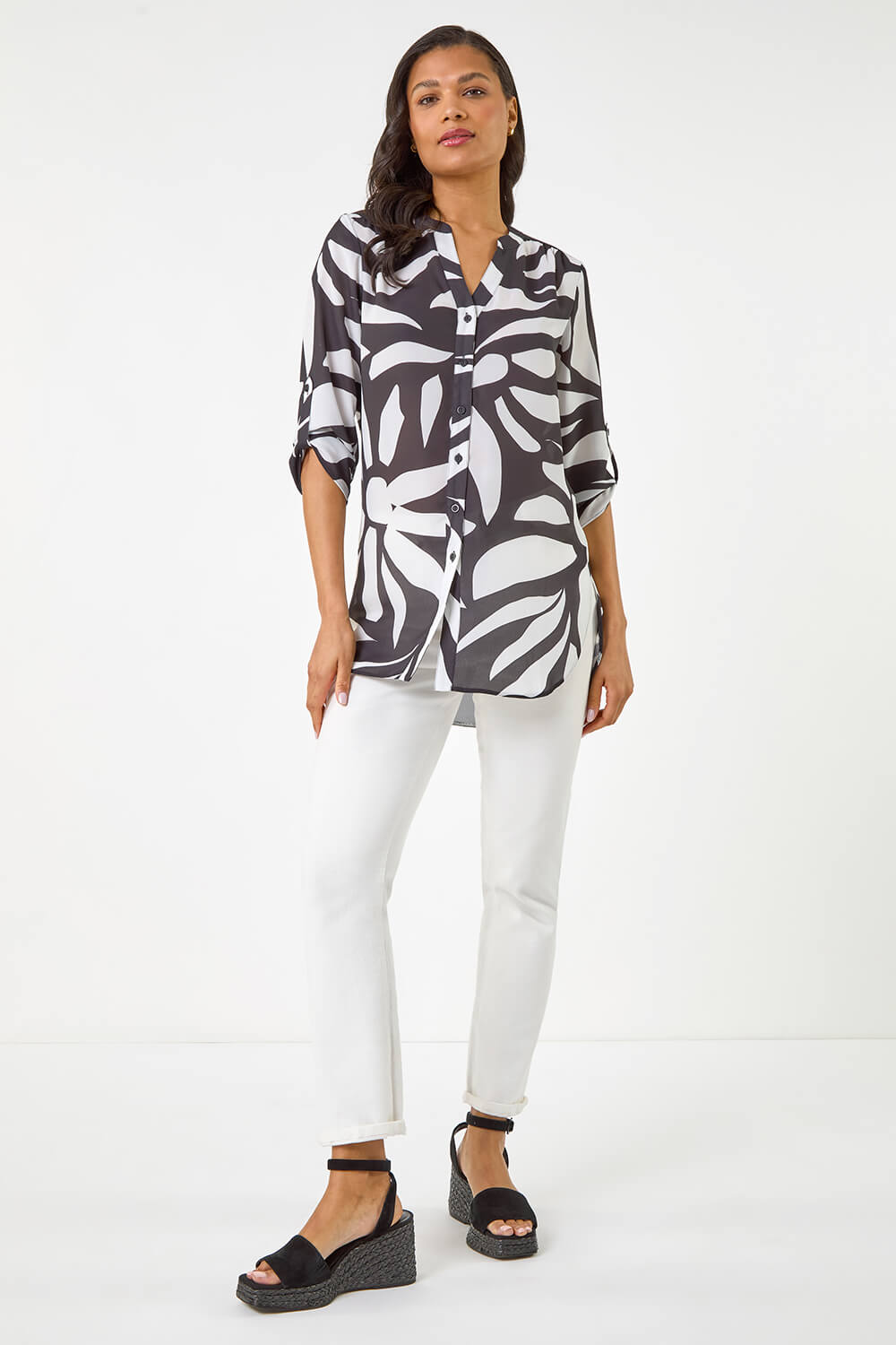Black Mono Print Button Up Front Blouse, Image 1 of 5