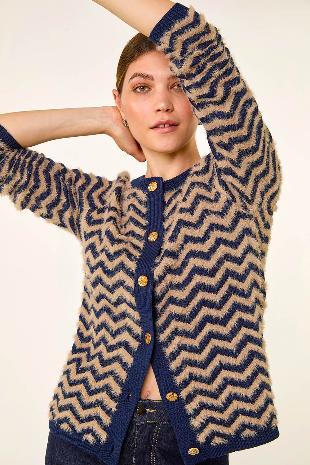 Navy Fluffy Stripe Knit Cardigan, Image 3 of 5
