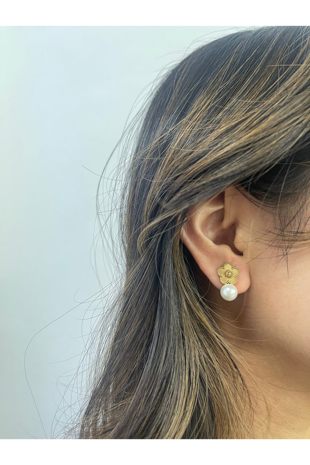Gold Floral Pearl Stud Earrings in Gold, Image 4 of 4