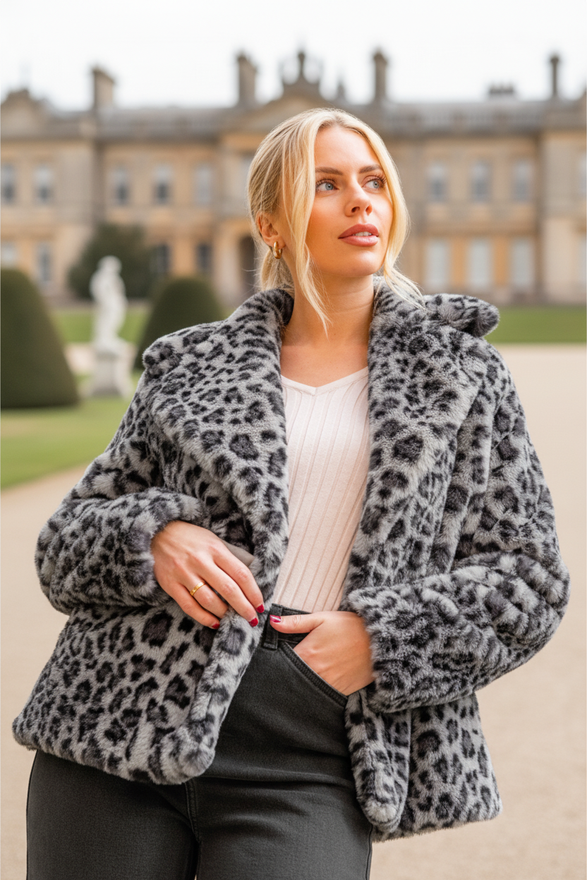 Grey Faux Snow Leopard Fur Coat, Image 3 of 4