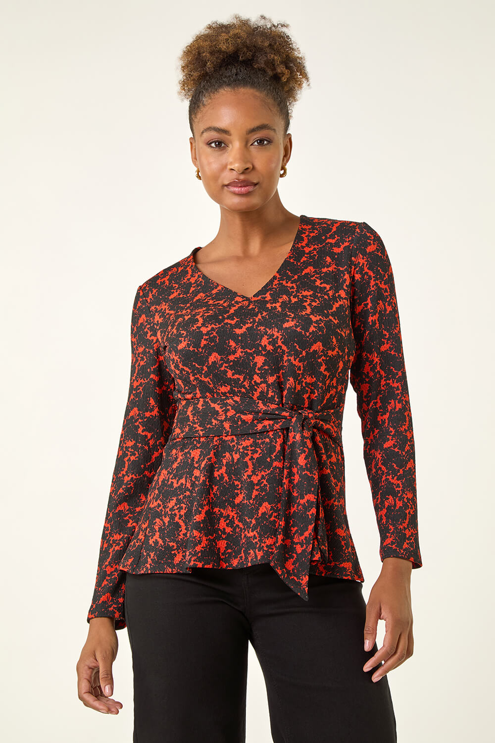 Orange Textured Crepe Tie Waist Top, Image 5 of 5