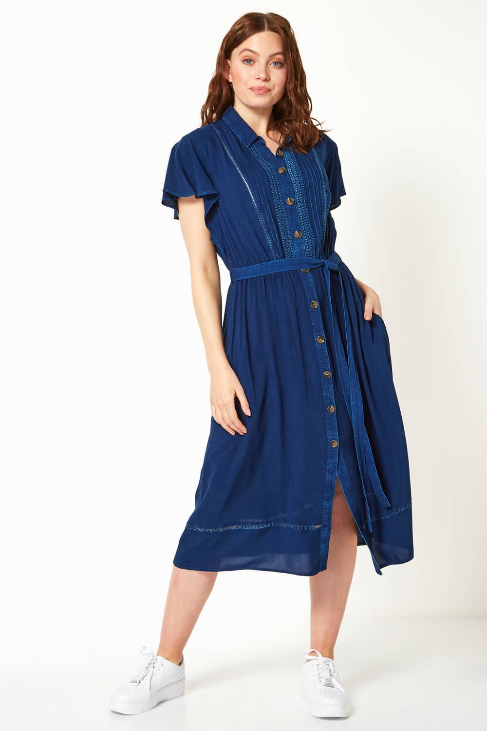 denim midi shirt dress uk Denim Gathered Angel Sleeve Midi Shirt Dress - Sky Denim