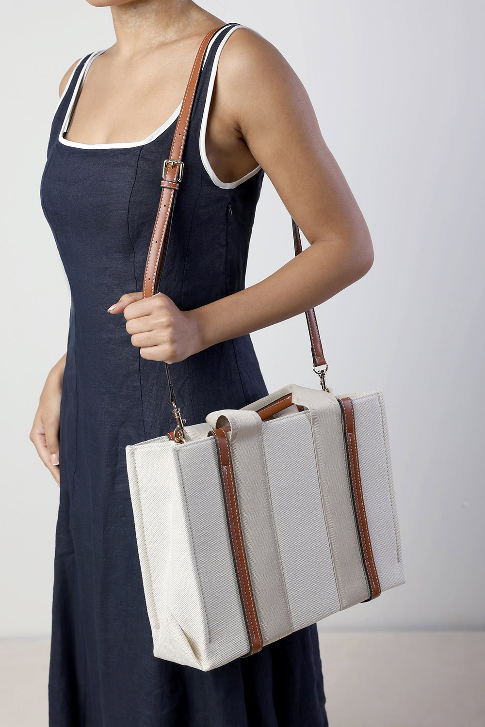 Ivory Margaret Canvas Stripe Tote Bag with Cross Body Strap, Image 1 of 2