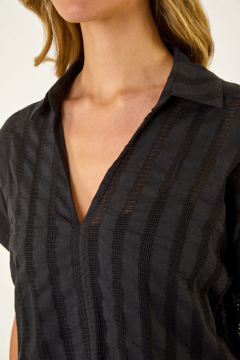 Black Textured Collar V-Neck Top, Image 6 of 5
