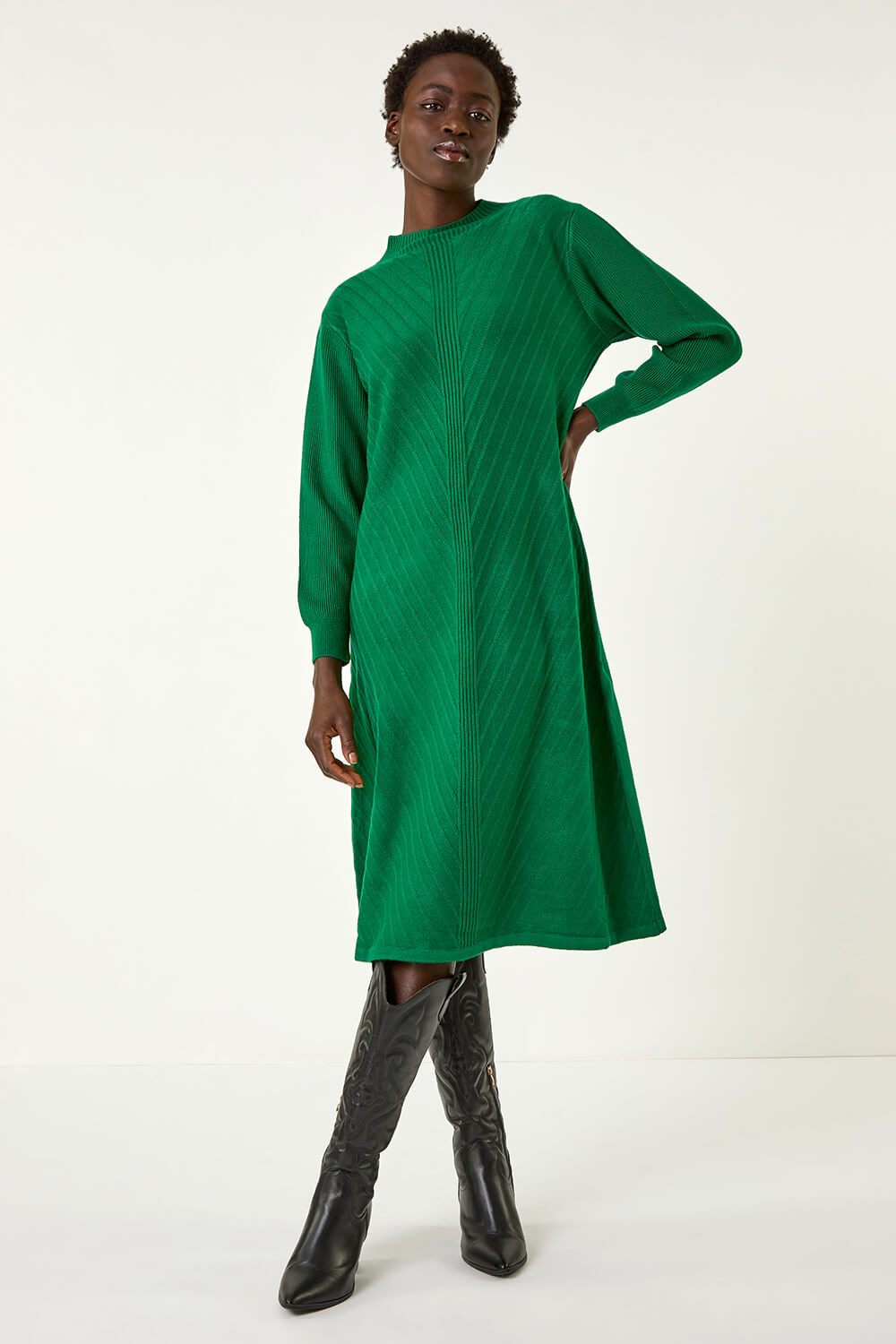Green Textured Rib Knit Dress, Image 3 of 4