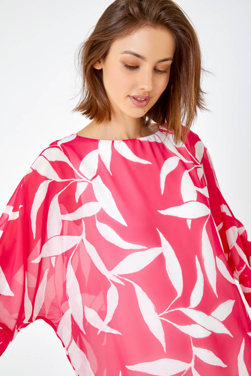 CERISE Leaf Print Chiffon Overlay Top, Image 1 of 5