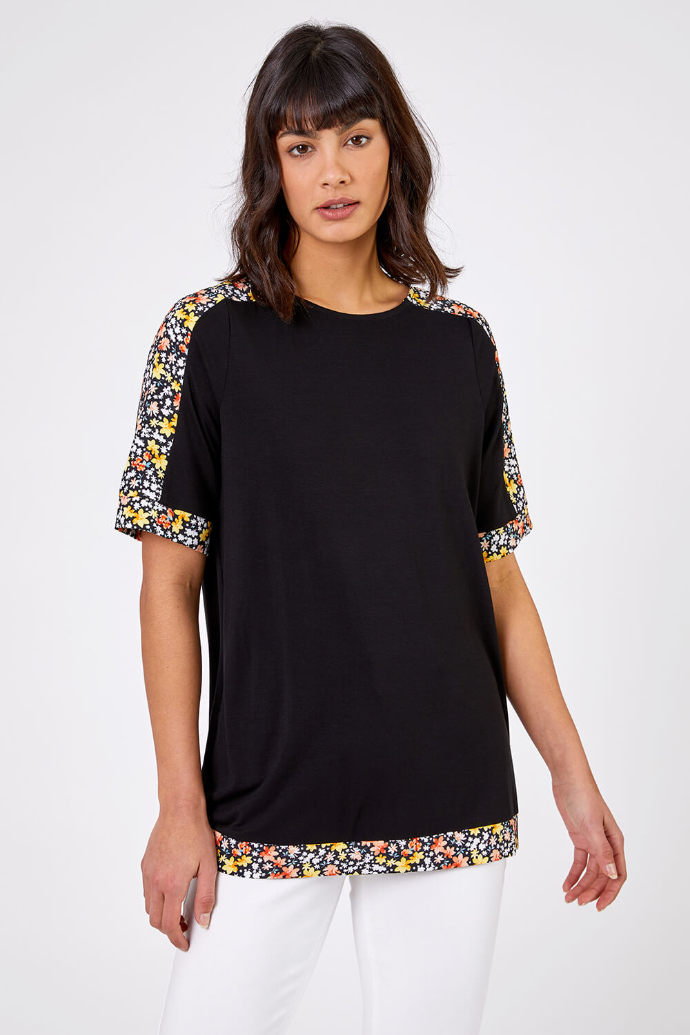 Black Floral Print Contrast Jeresey Top, Image 1 of 4