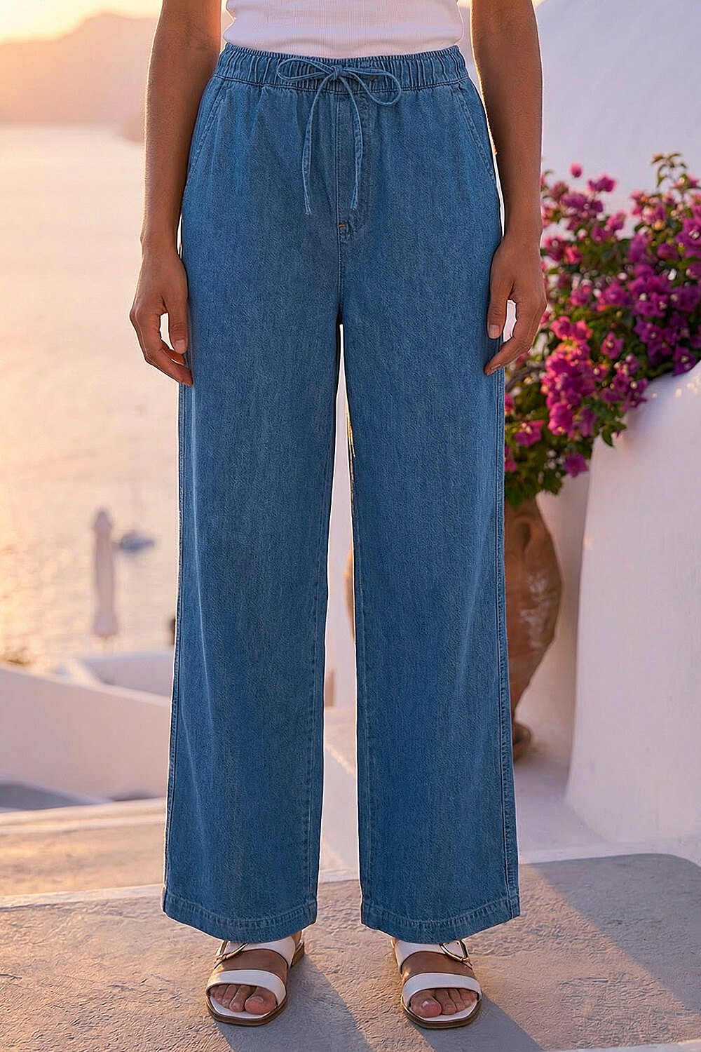 Denim Tie Waist Wide Leg Trouser, Image 4 of 4