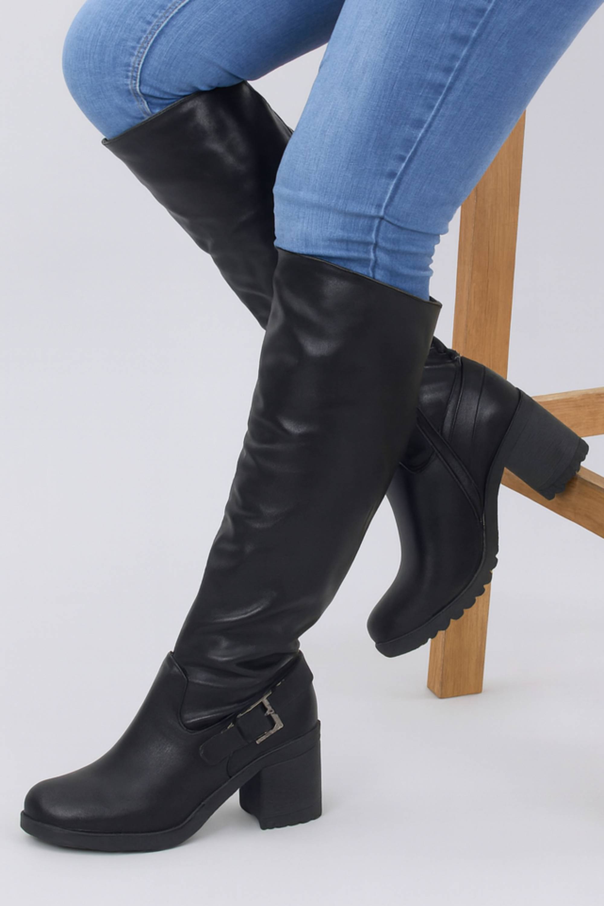 Black High Block Heel Chunky Biker Knee High Boots, Image 2 of 6