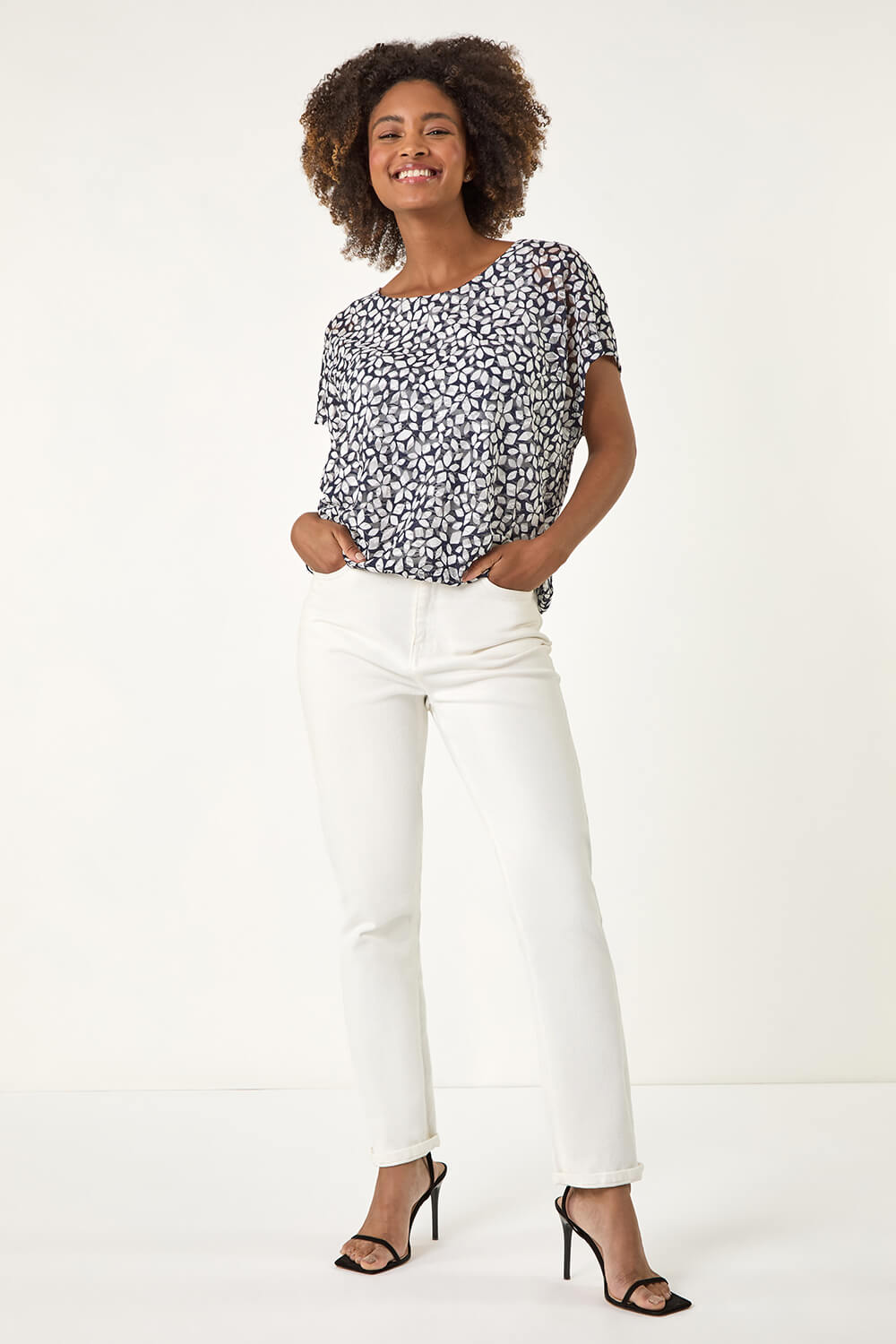 Navy Printed Lace Bubble Hem Top, Image 3 of 5