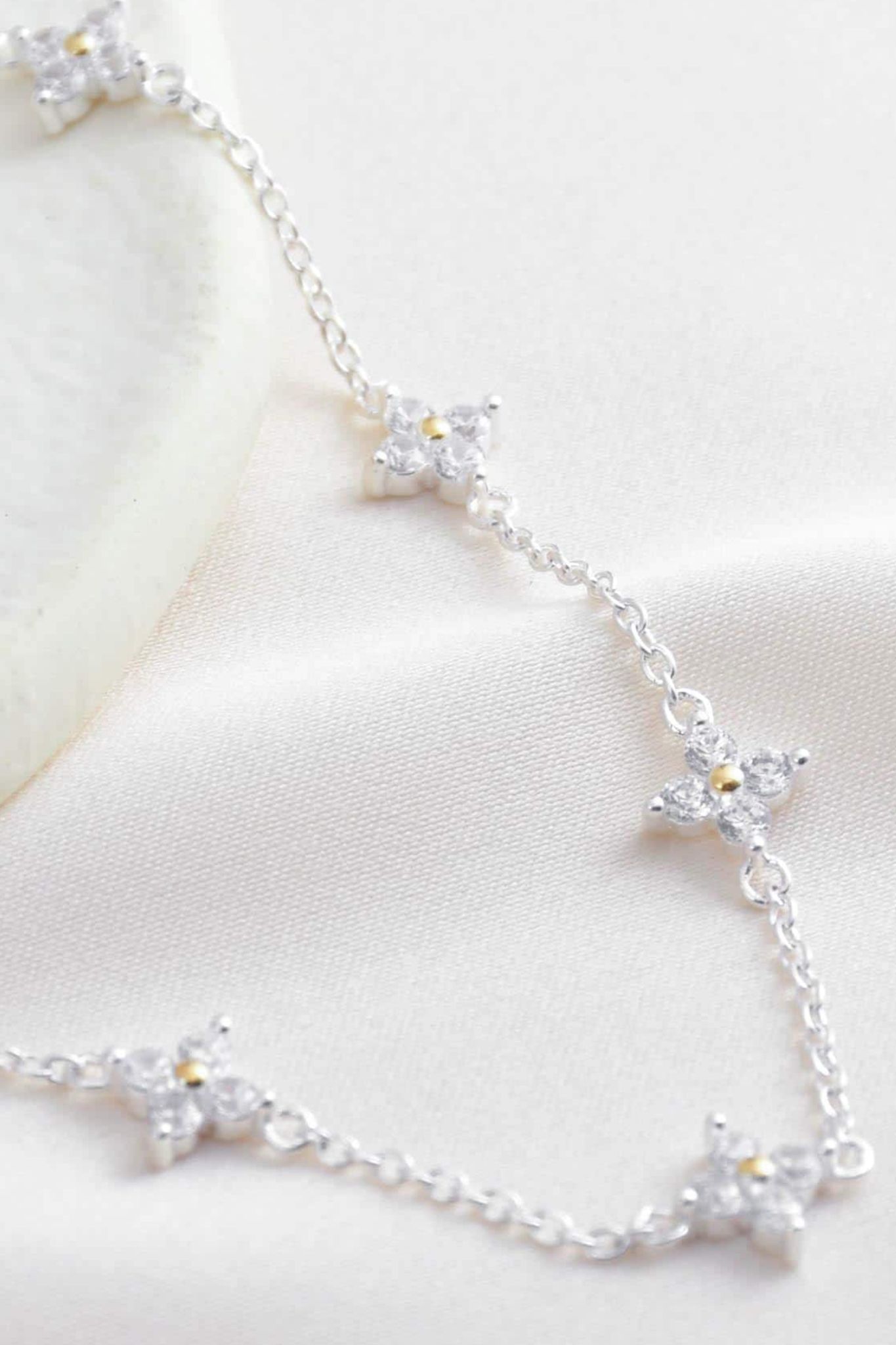 Silver Sterling Silver CZ Dainty Flower Charm Bracelet, Image 3 of 3