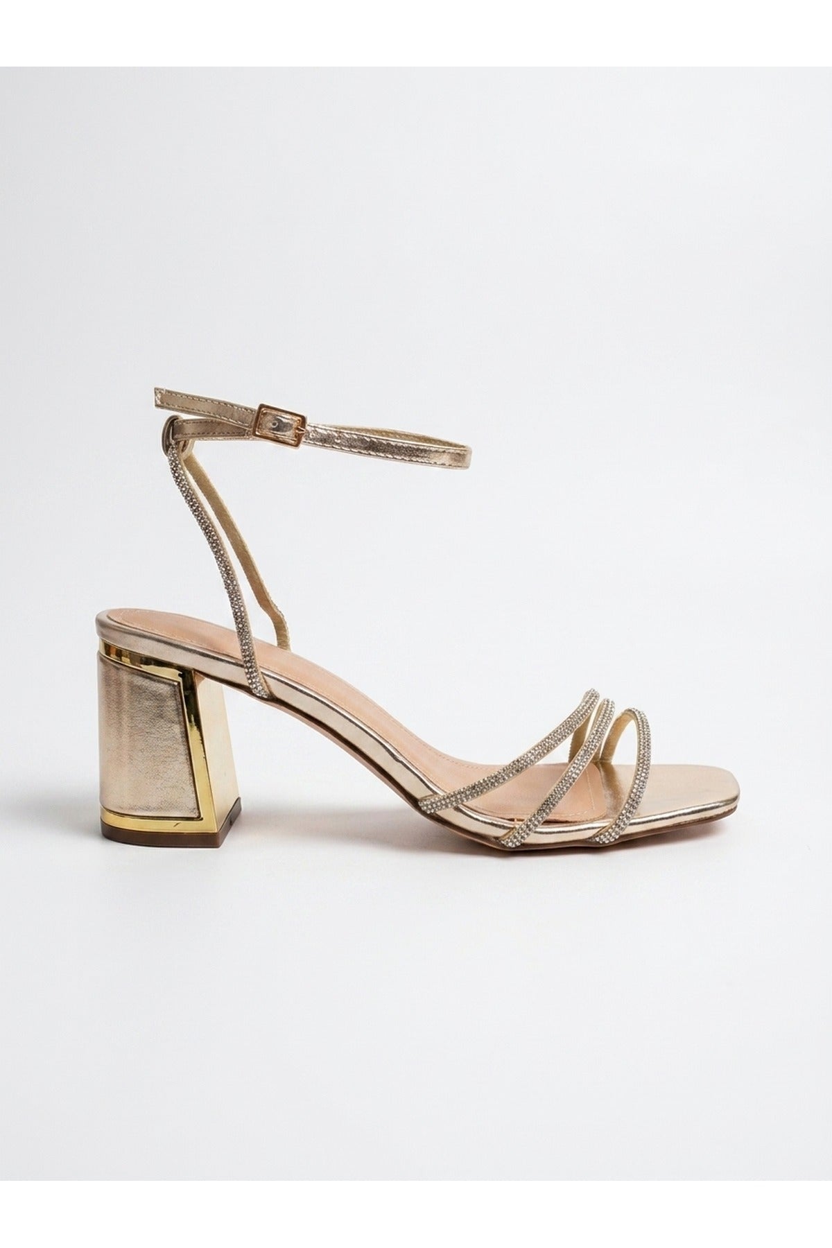 Gold iKrush Gold Cordelia Rhinestone Strap Block Heel Sandals, Image 1 of 5