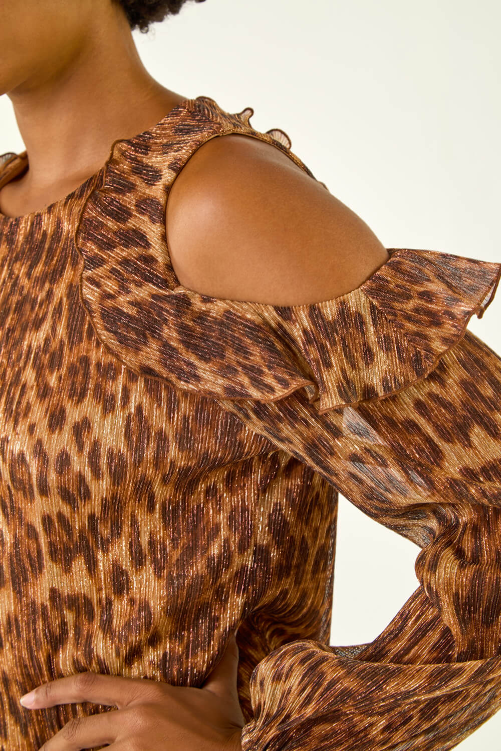 Tan Animal Print Plisse Ruffle Top, Image 6 of 5