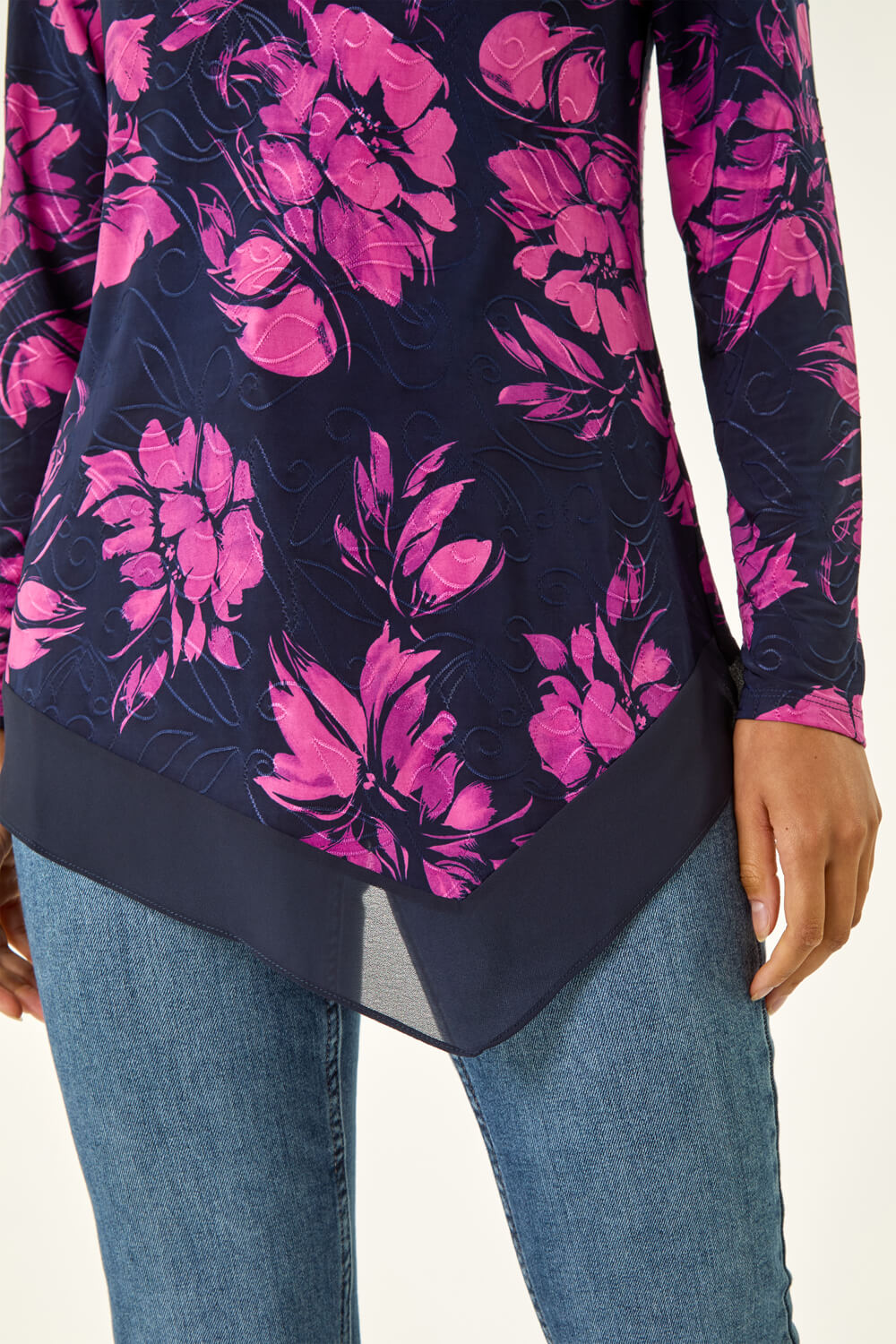 PINK Floral Jacquard Chiffon Hem Top, Image 6 of 5