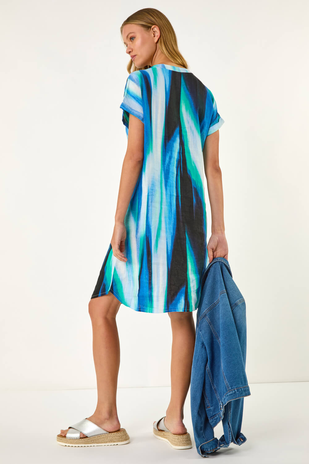 Blue Abstract Printed Linen Shift Dress, Image 4 of 5