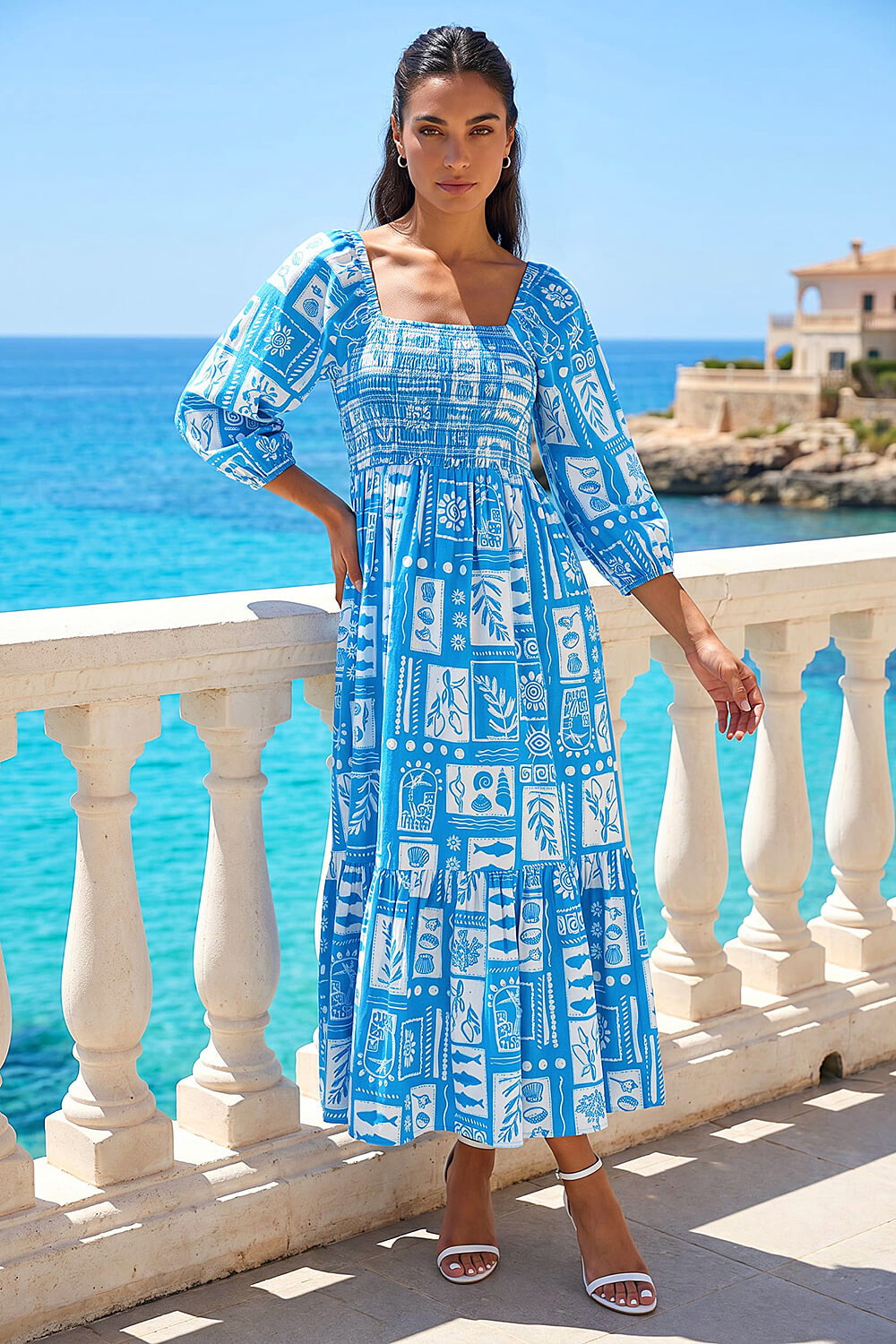 Roman Women's Blue Seashell Tile Shirred Midi Dress Size 12