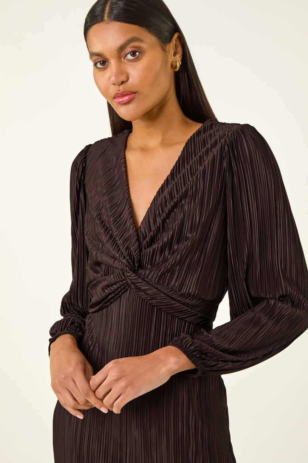 Chocolate Plisse Twist Front Midi Dress, Image 5 of 5