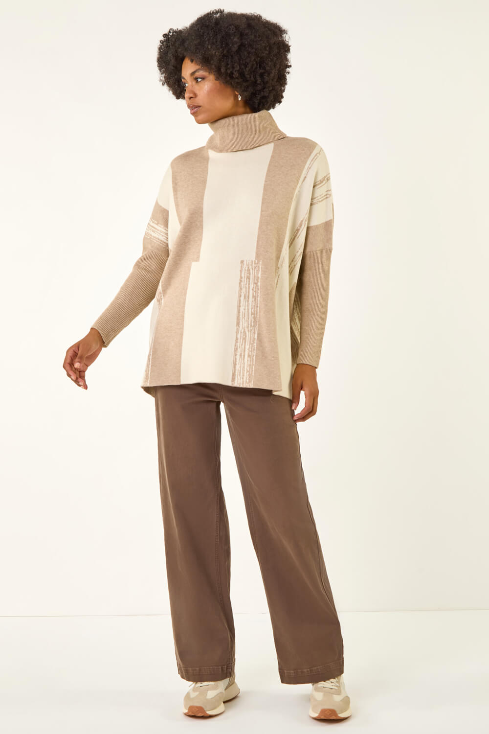 Beige Colour Block Longline Knit Jumper, Image 3 of 5