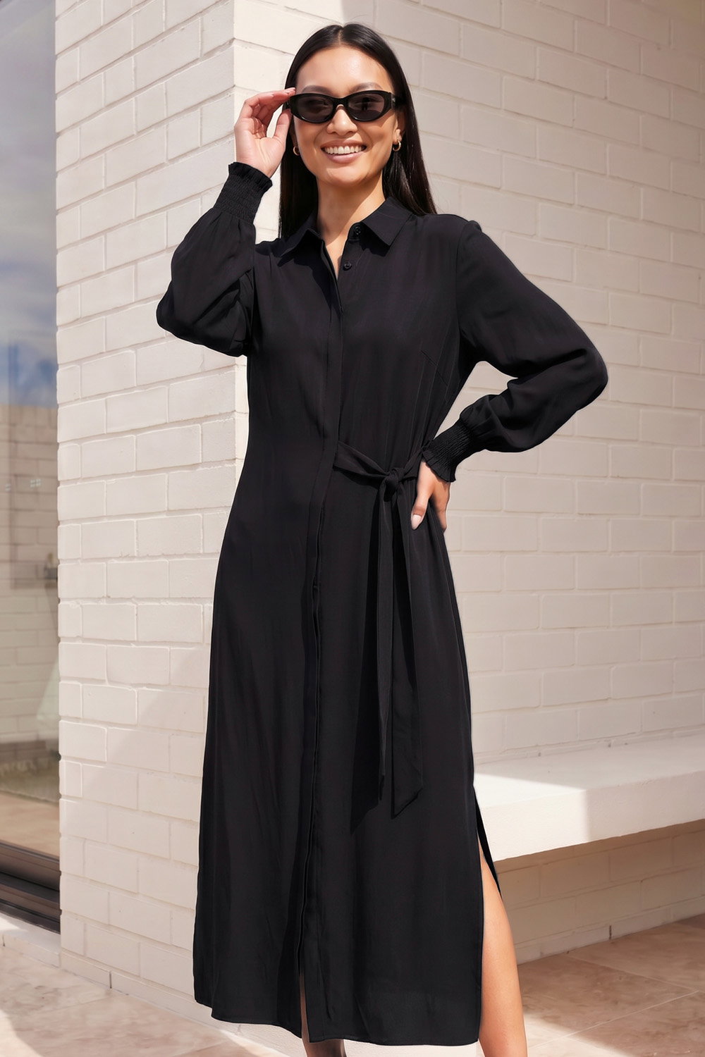 Roman Women's Black Tie Waist Buttoned Shirt Dress Size 10