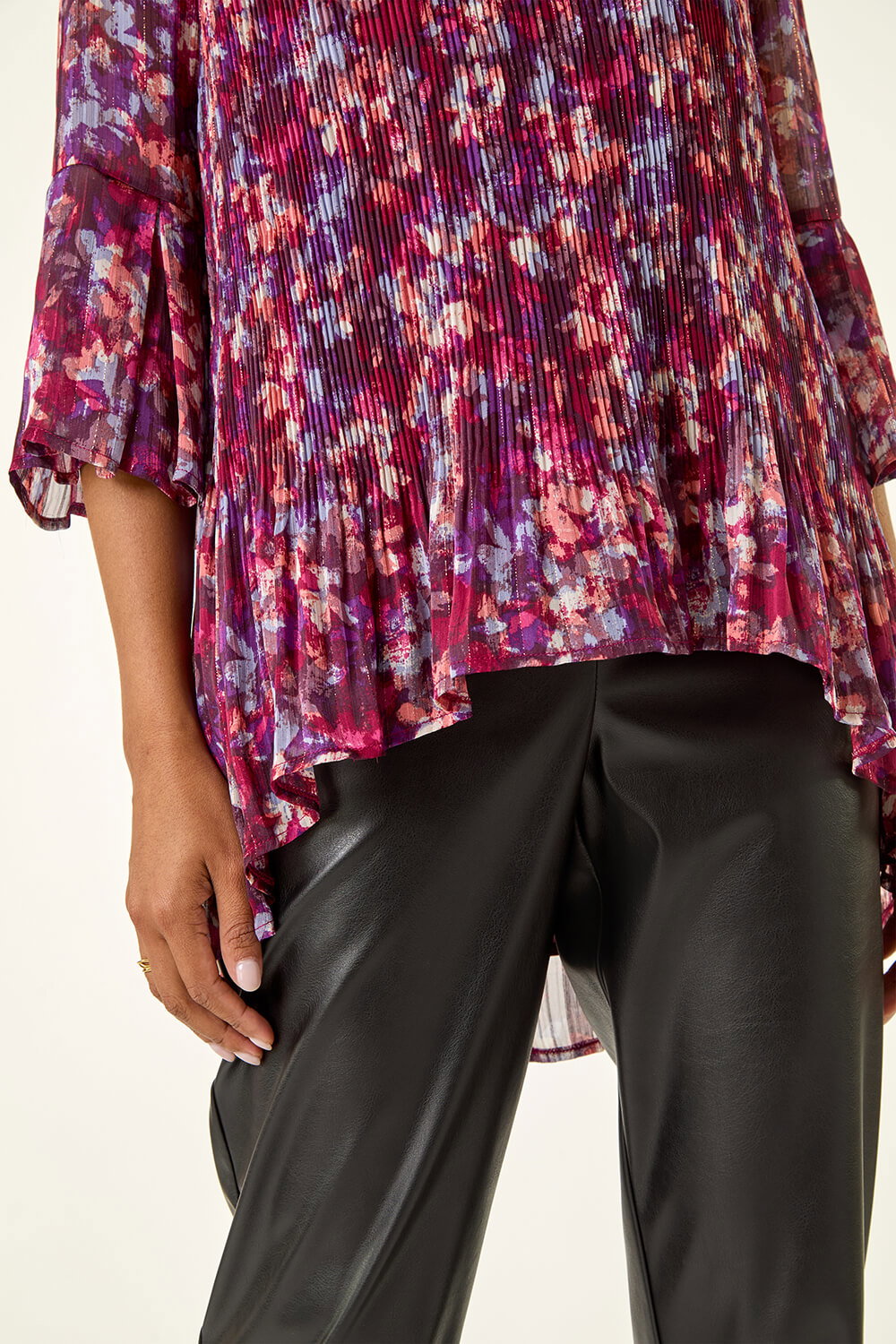 Wine Metallic Abstract Pleated Top, Image 6 of 5