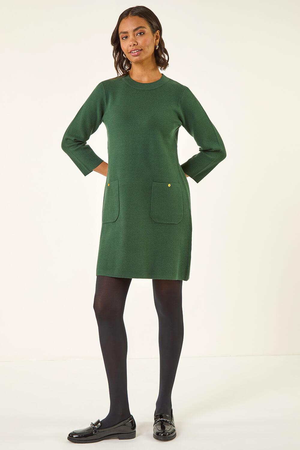 Dark Green Patch Pocket Knit Dress, Image 4 of 6