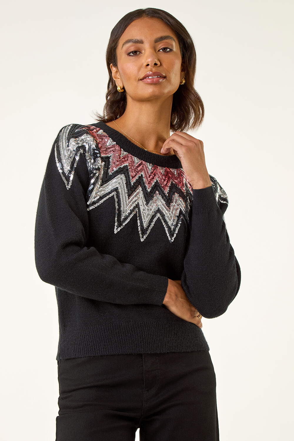 Black Sequin Neckline Knit Jumper, Image 5 of 5