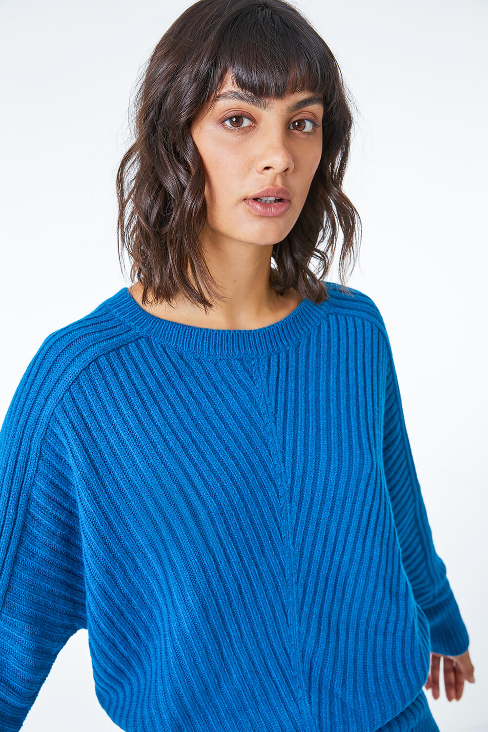Teal Ribbed Geometric Print Batwing Jumper, Image 6 of 5