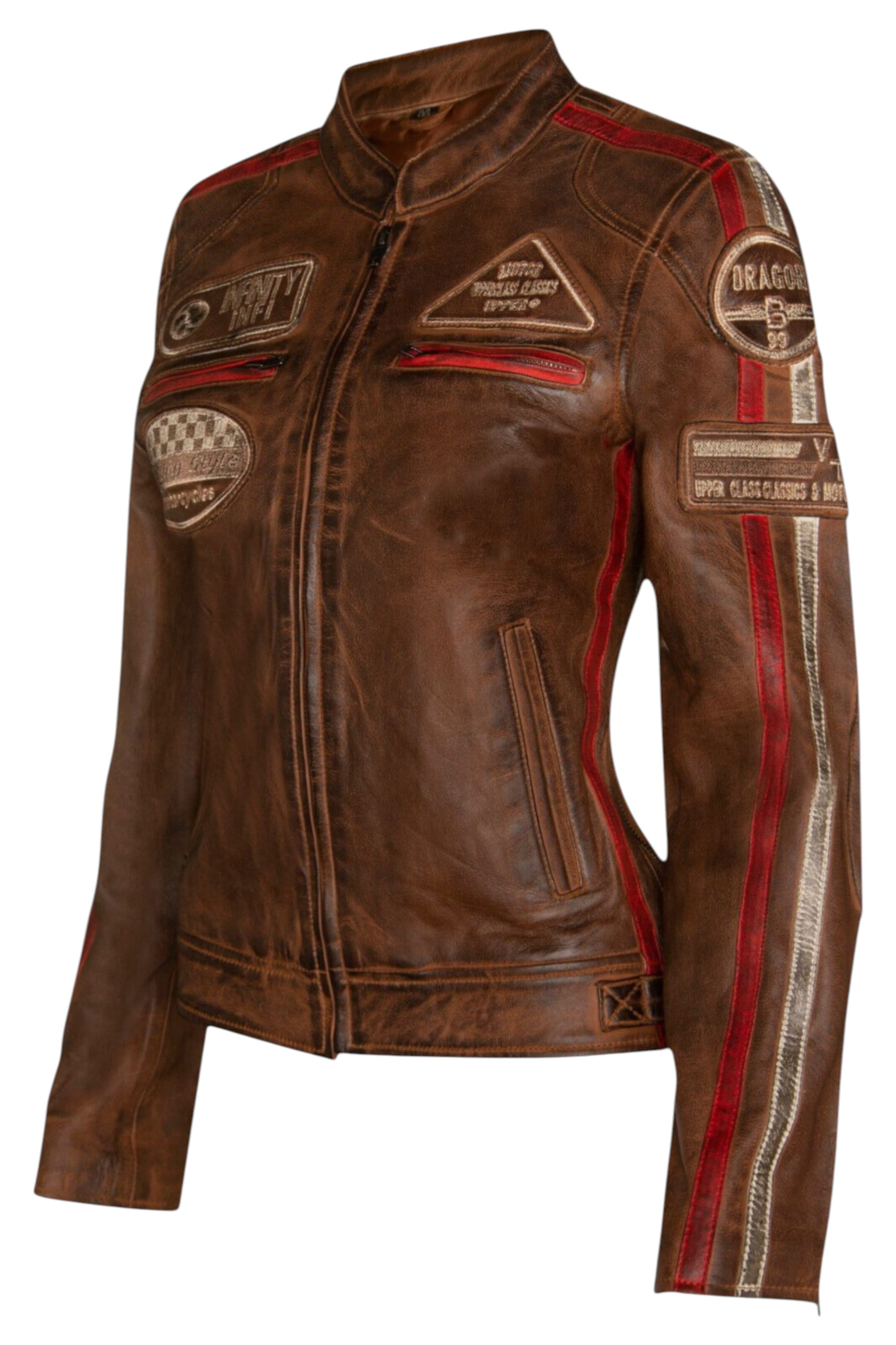 Tan Biker Racing Badges Leather Jacket, Image 5 of 5