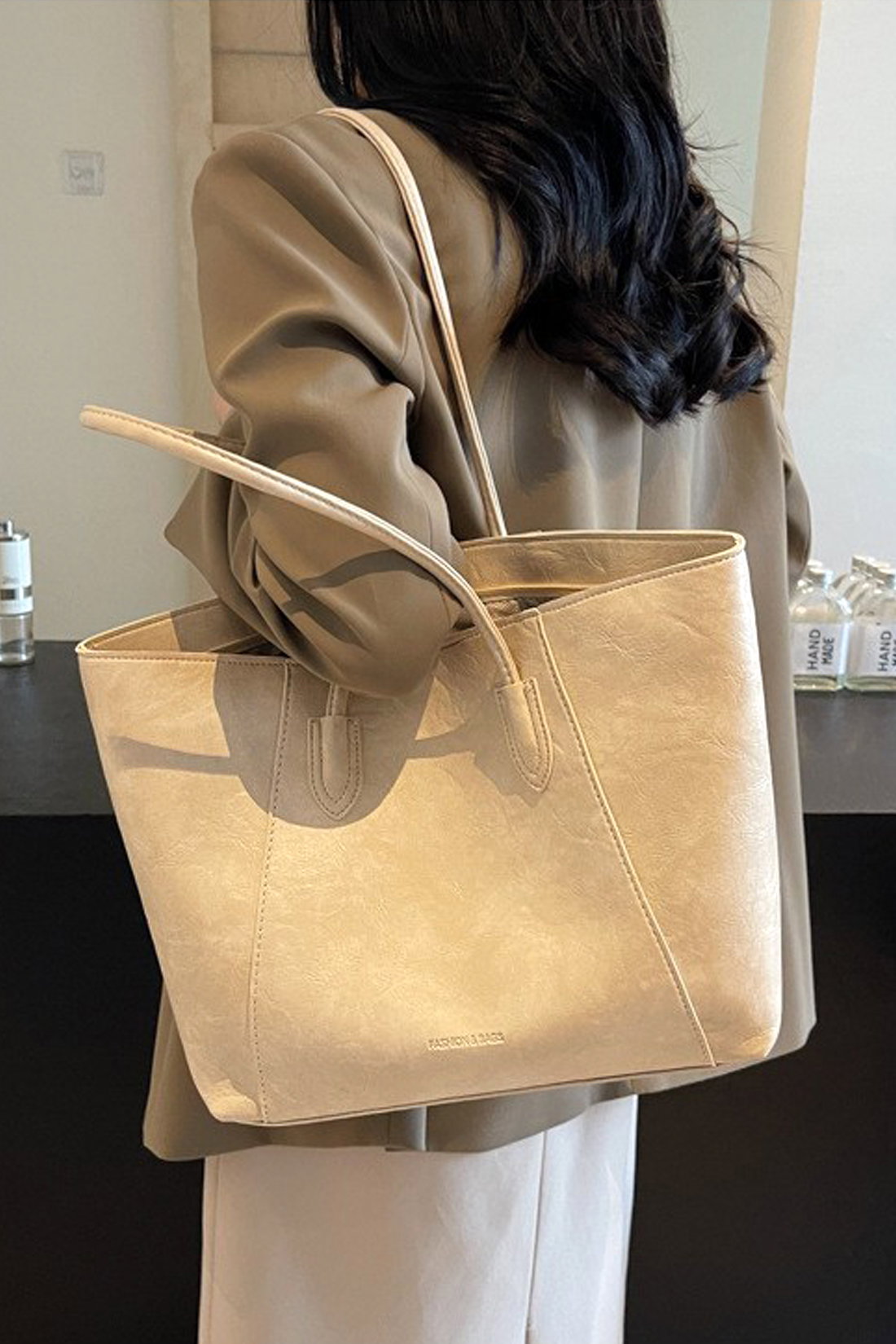 Beige Large Tote Handbag With Shoulder Strap, Image 2 of 4