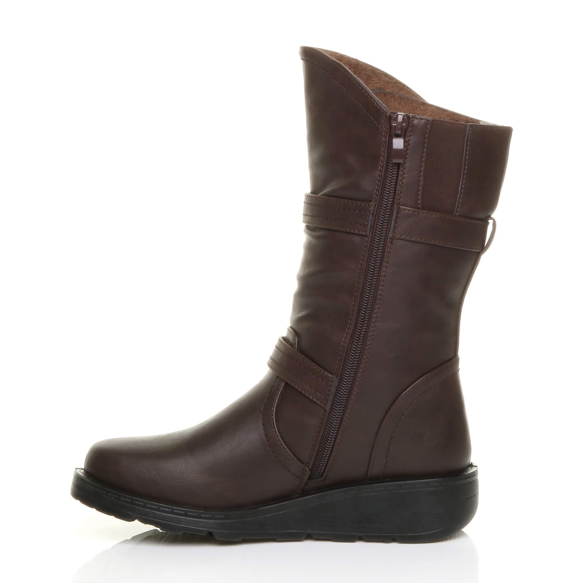Brown AJVANI Brown Low Wedge Heel Comfort Calf Biker Boots, Image 3 of 6