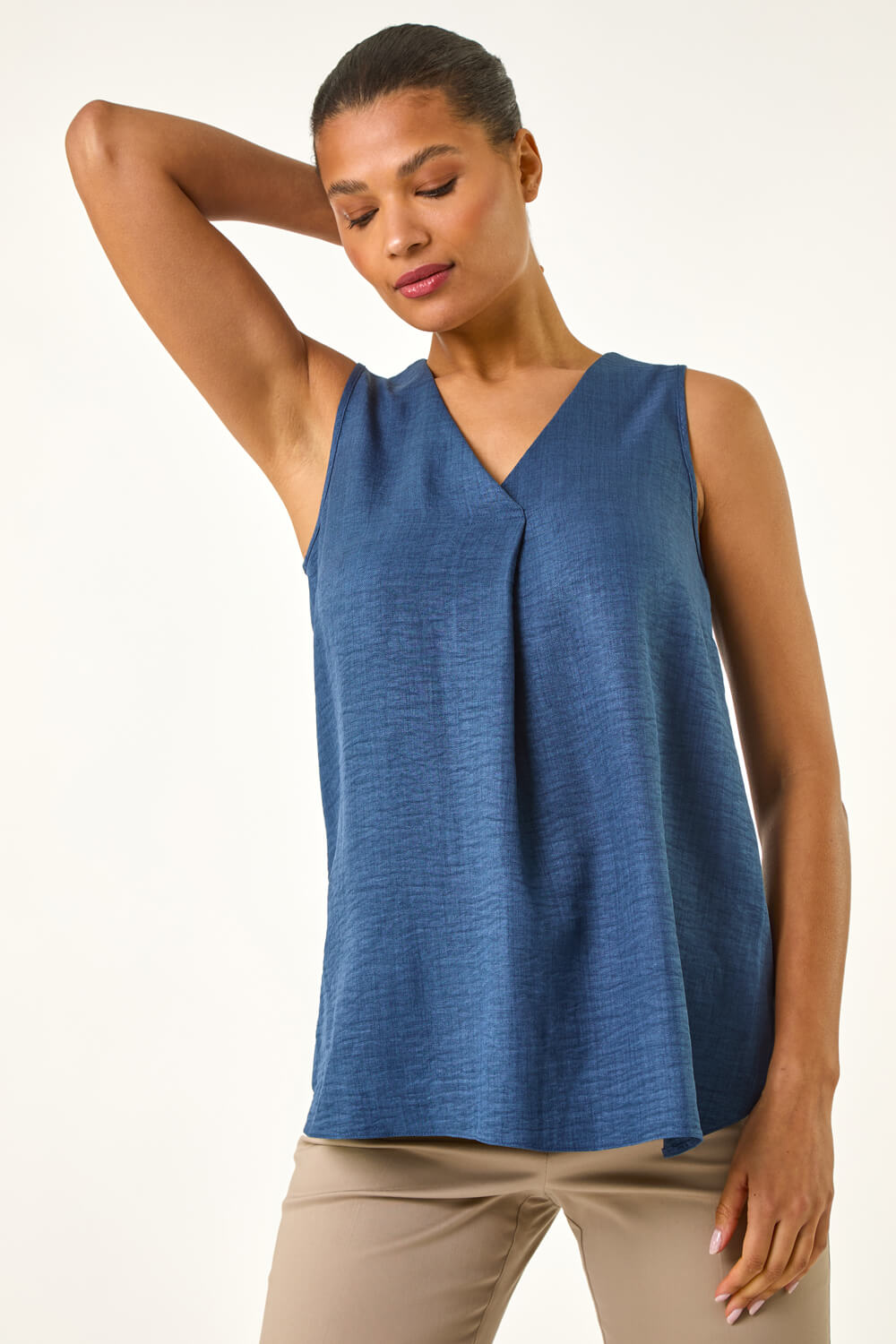 Roman Women's Navy Textured Pleat Front Vest Top Size 18