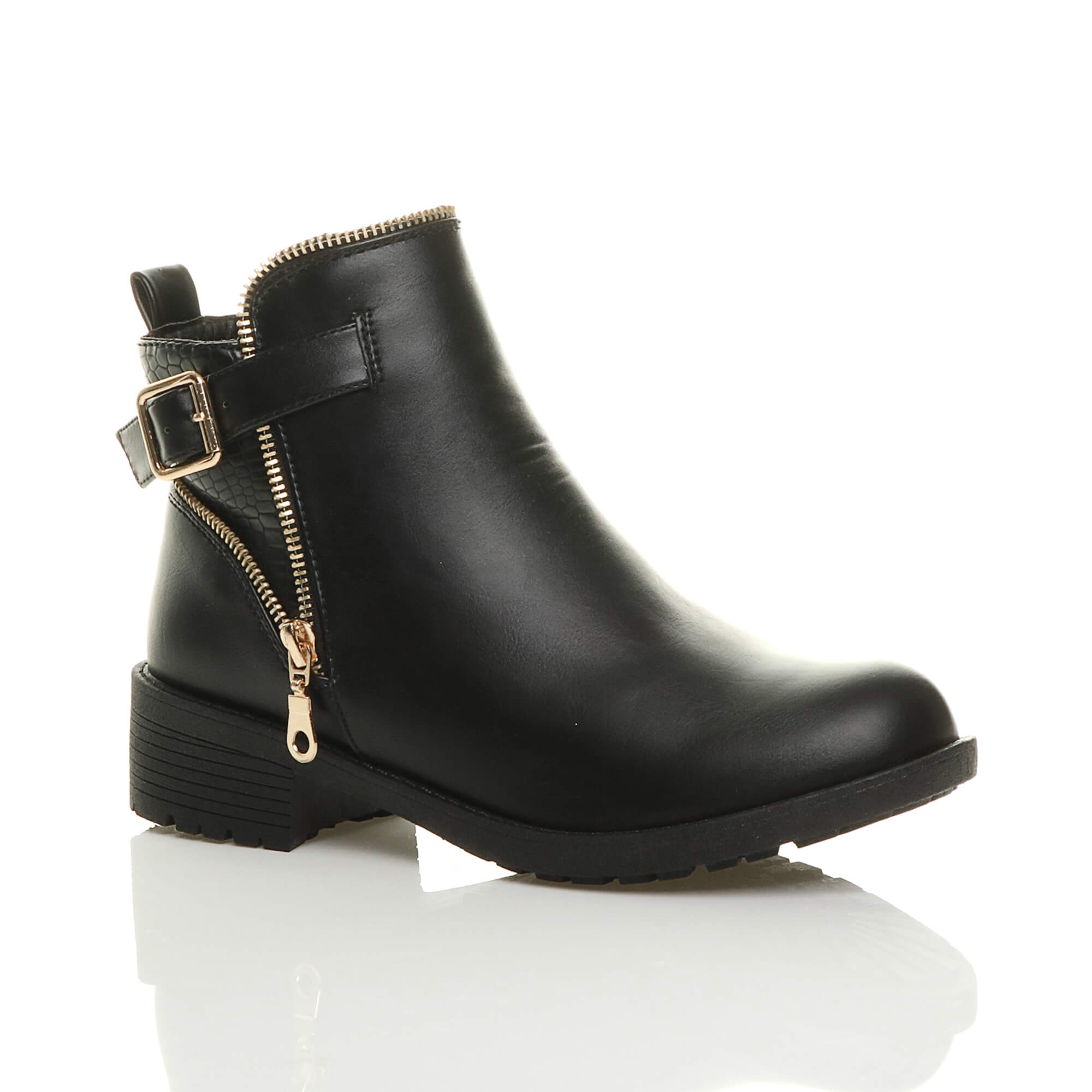 Black Low Heel Gold Zip Ankle Boots, Image 1 of 6