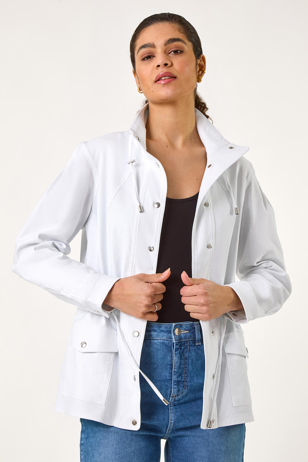 White Buttoned Stretch Safari Jacket, Image 1 of 7