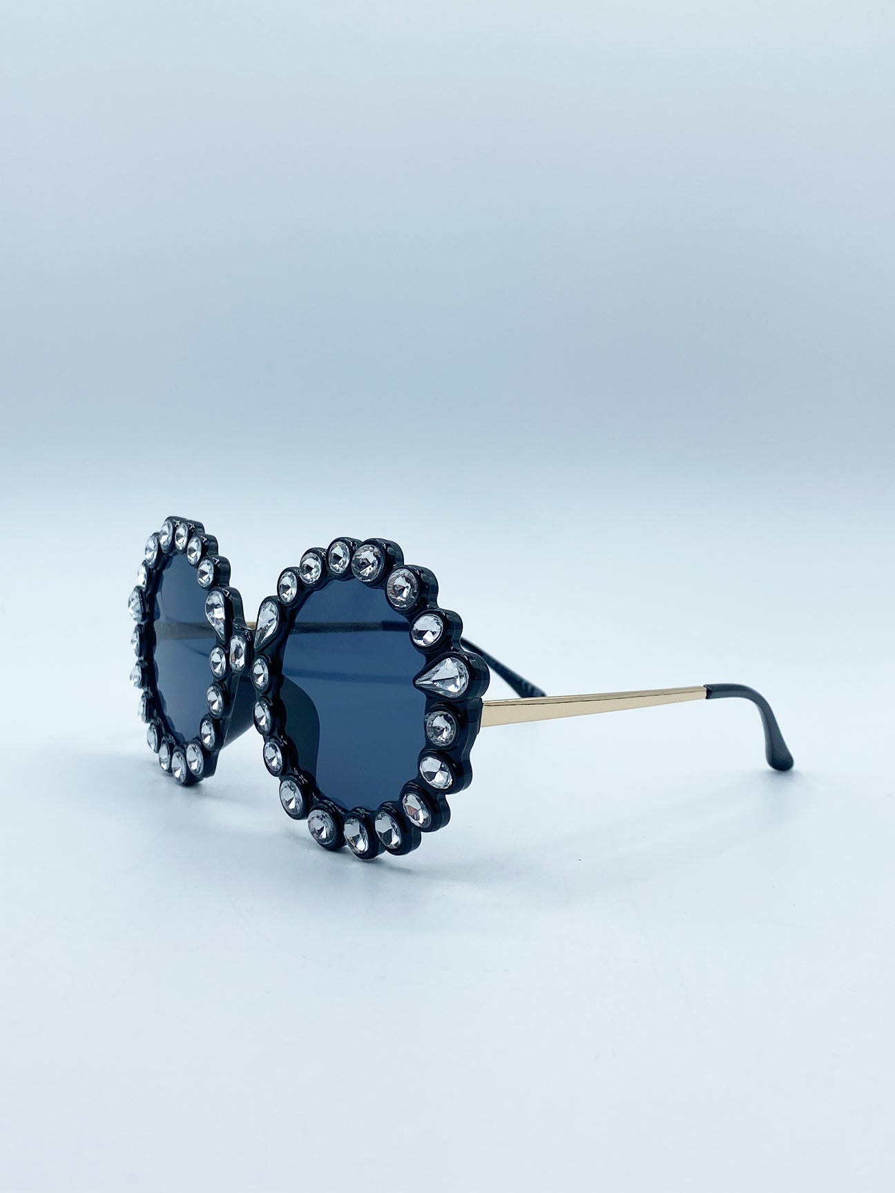 Black Round Floral Gem Novelty Sunglasses in Black, Image 3 of 6