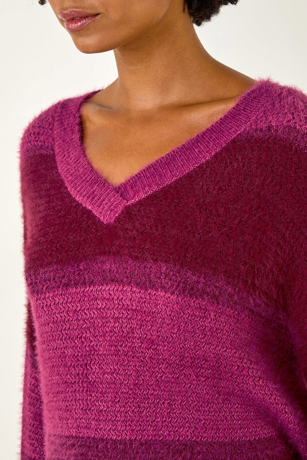 Magenta V-Neck Stripe Knit Jumper, Image 6 of 5