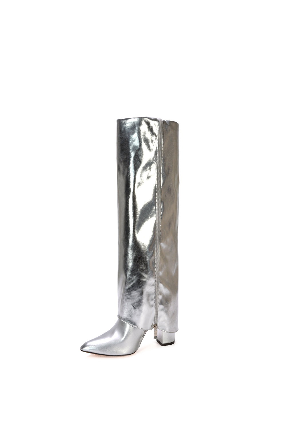 Silver 'Allie' Knee High Boots Fold Over Point Toe Deco Zip, Image 5 of 6