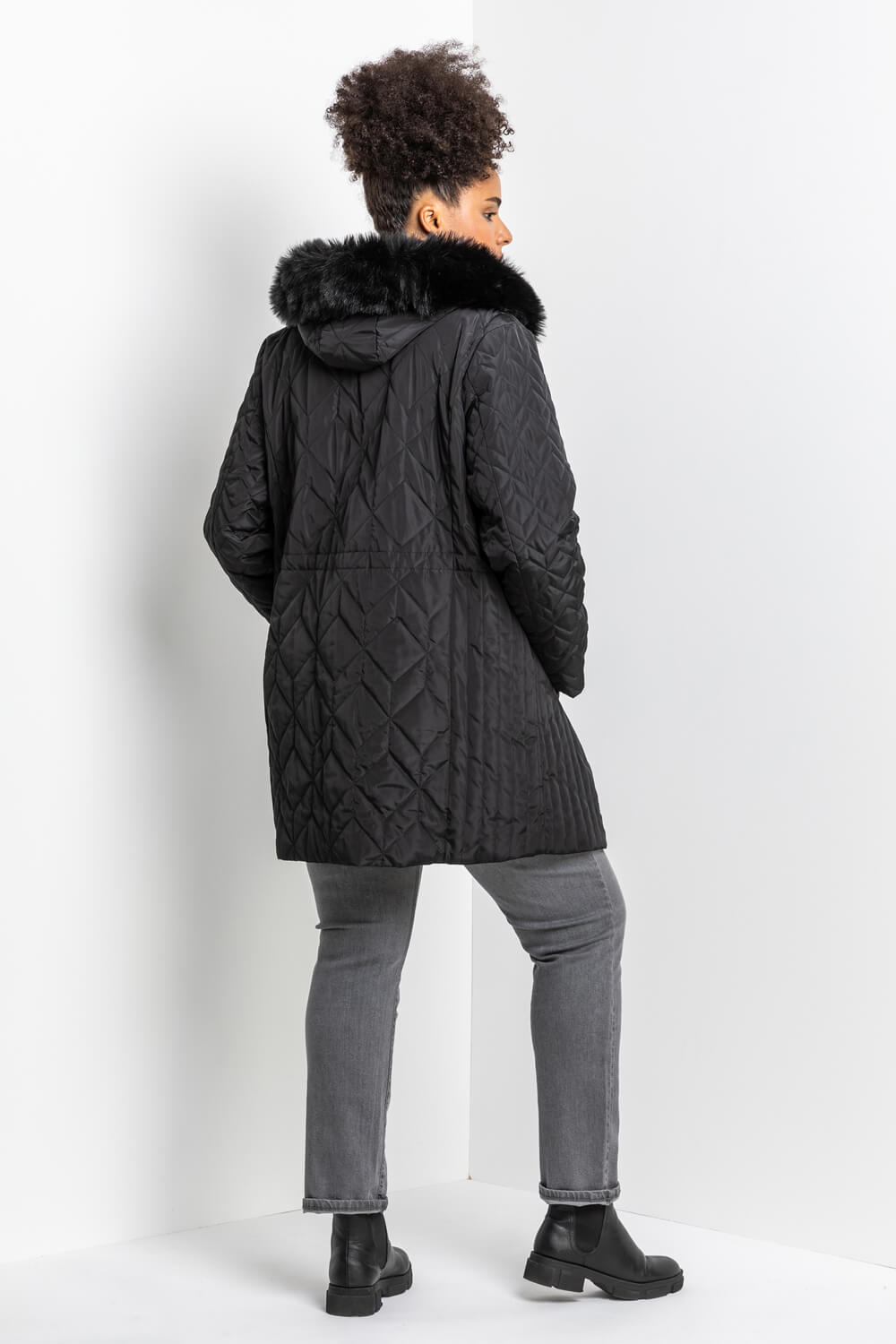 Black Curve Faux Fur Trim Hooded Parka Coat, Image 3 of 5